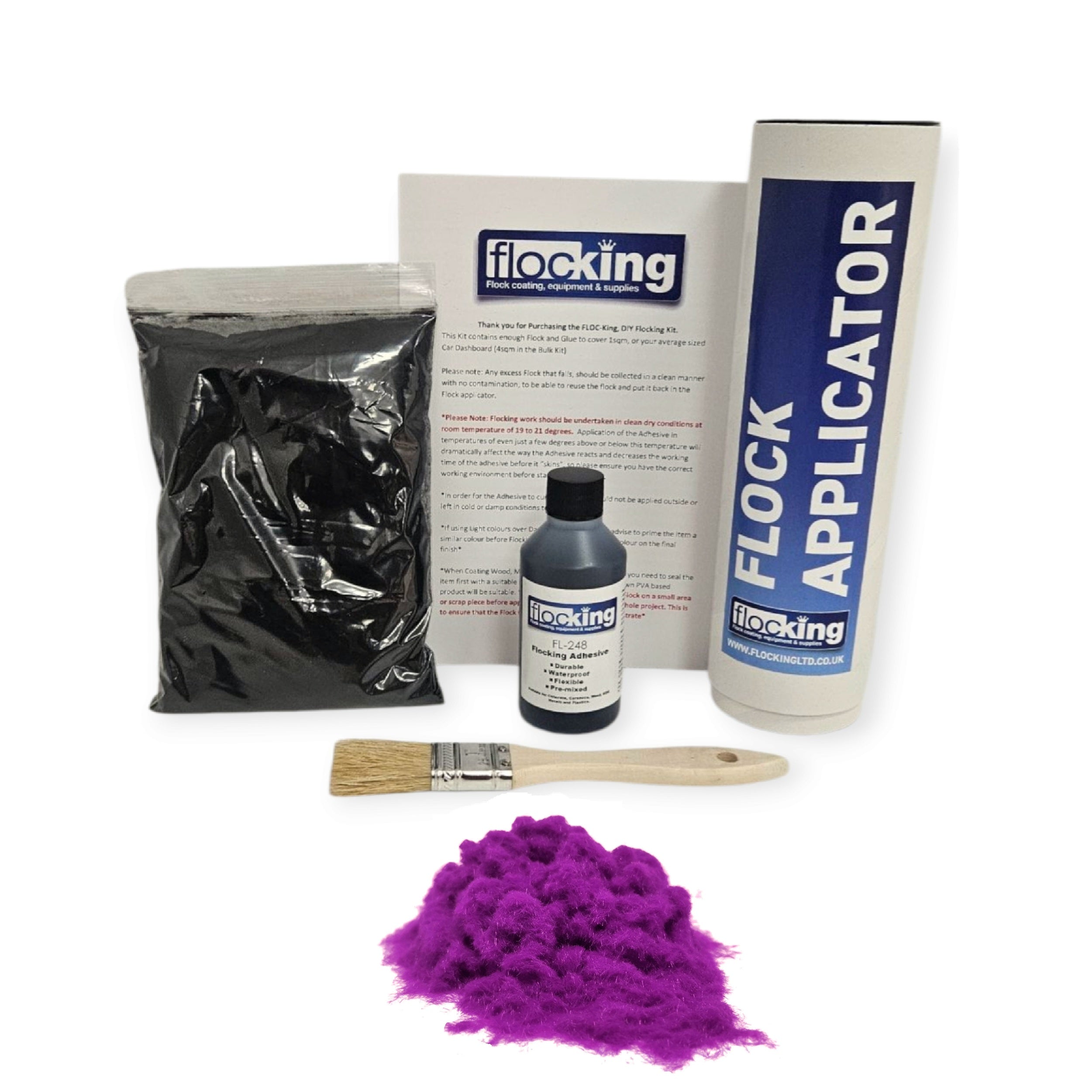 Small DIY Flocking Kit with Flocking Fibres in Purple colour, 50ml Flocking Adhesives pre pigmented to the same colour as the flock, a manual tube flocking applicator, brush and full instruction guide.