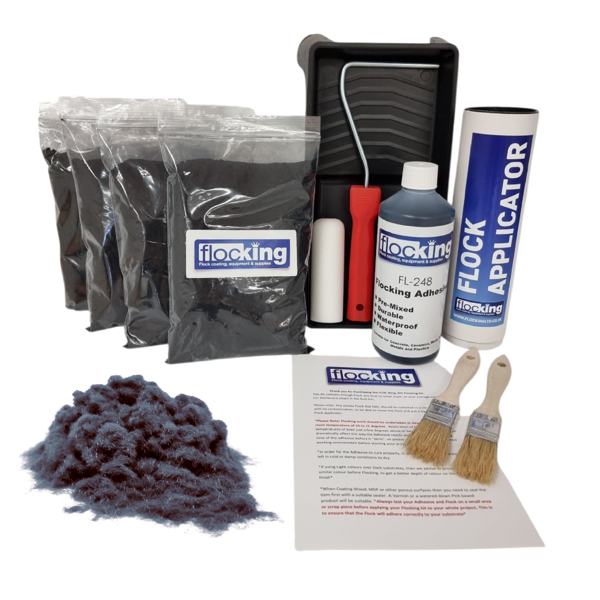 Bulk Flocking kit with bags of Grey Nylon flocking fibres, applicator, adhesive, brush and full instructions.