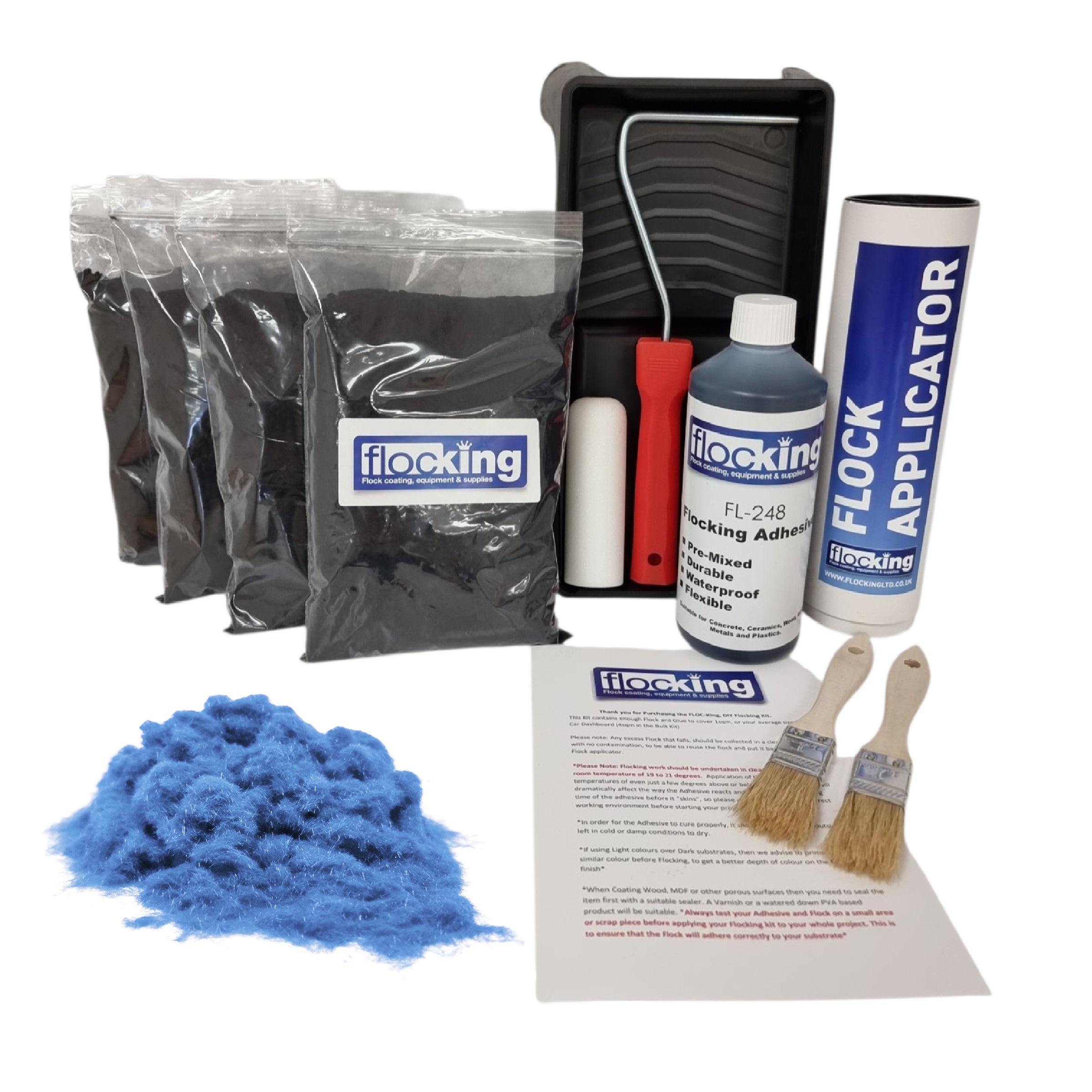 Bulk Flocking kit with bags of Aqua Blue Nylon flocking fibres, applicator, adhesive, brush, Roller Tray set and full instructions.