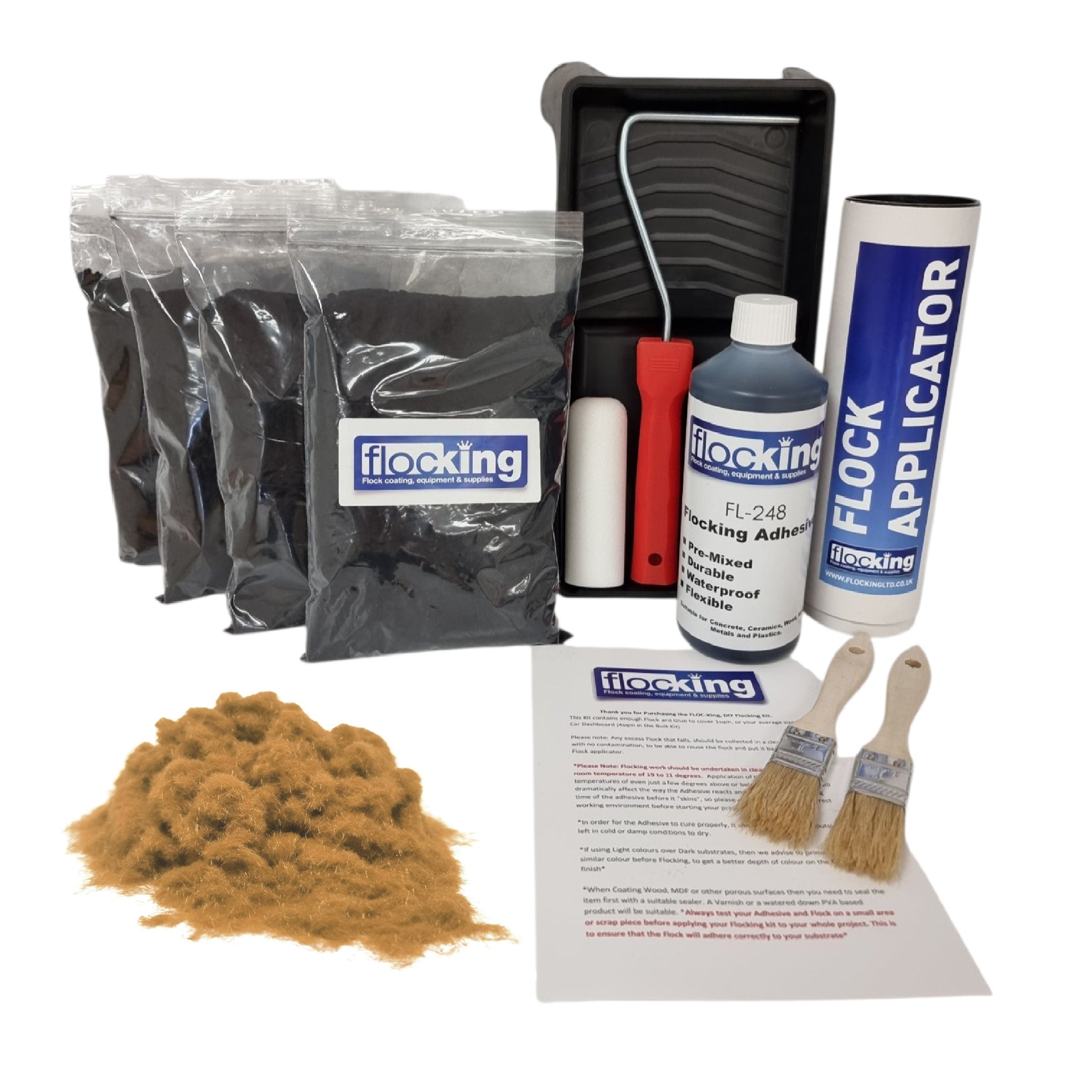 Bulk Flocking kit with bags of Arena Brown Nylon flocking fibres, applicator, adhesive, brush and full instructions.