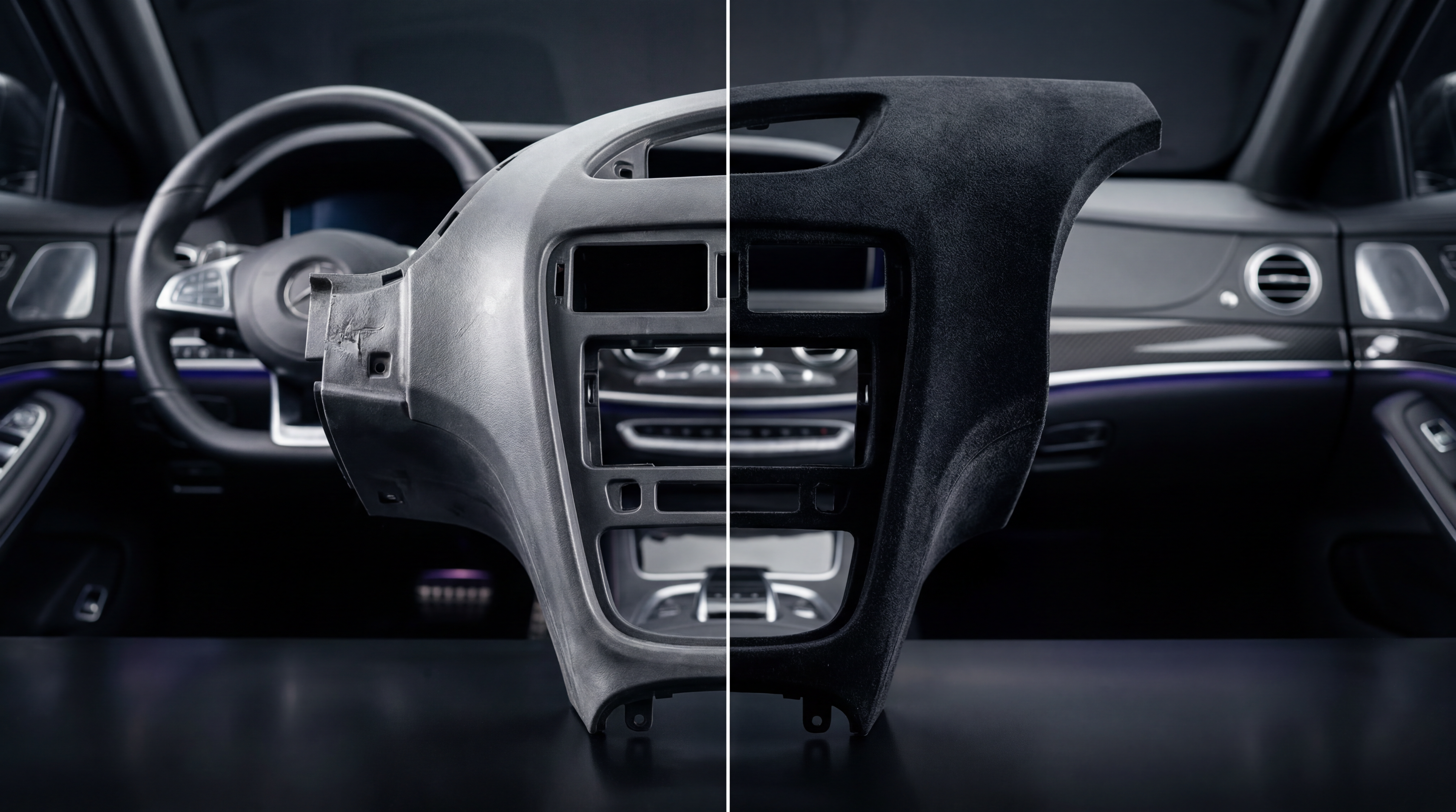 Car interior dashboard panel before and after electrostatic flocking with anti-reflective suede coating