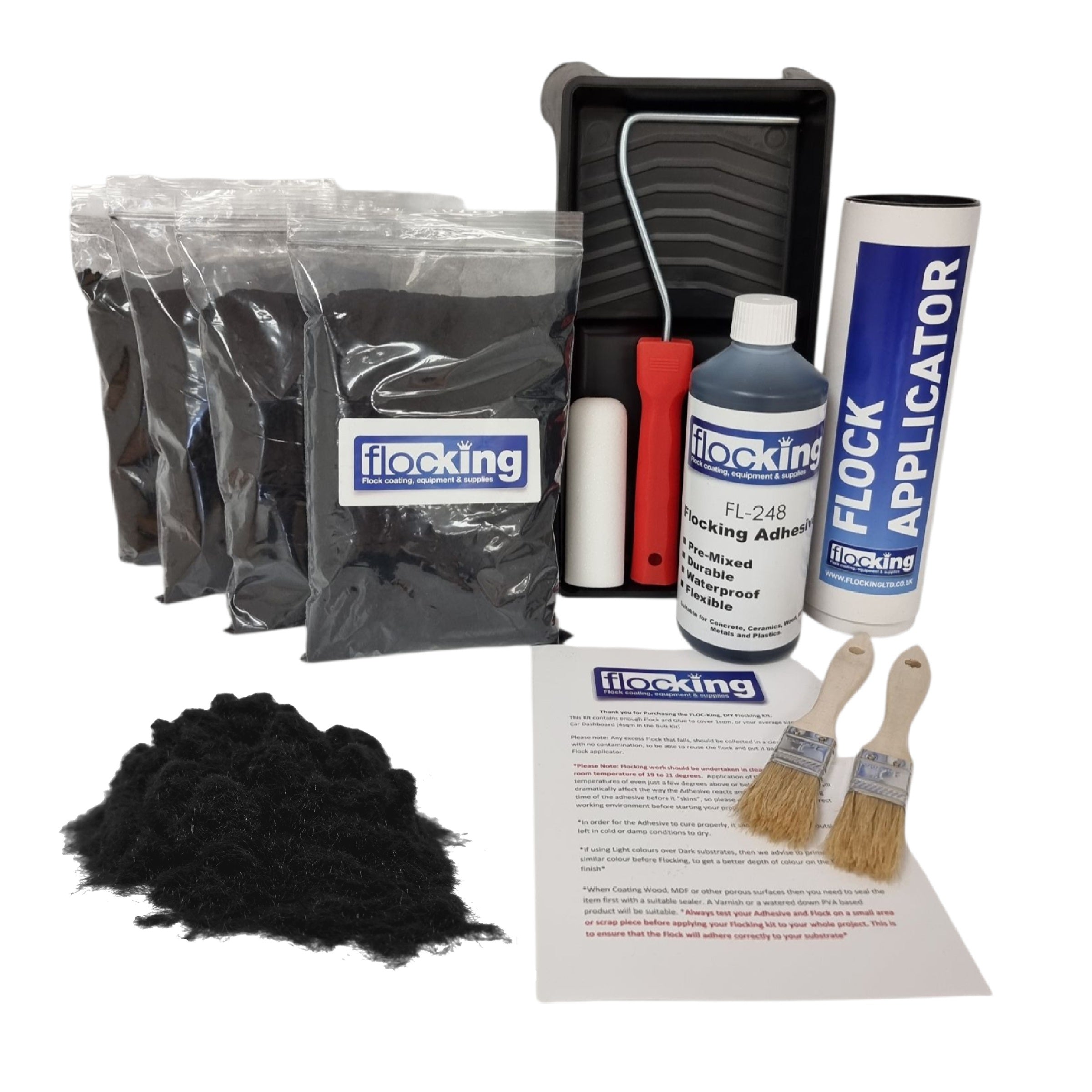 Bulk Flocking kit with bags of Black Nylon flocking fibres, applicator, adhesive, brush, Roller Tray set and full instructions.