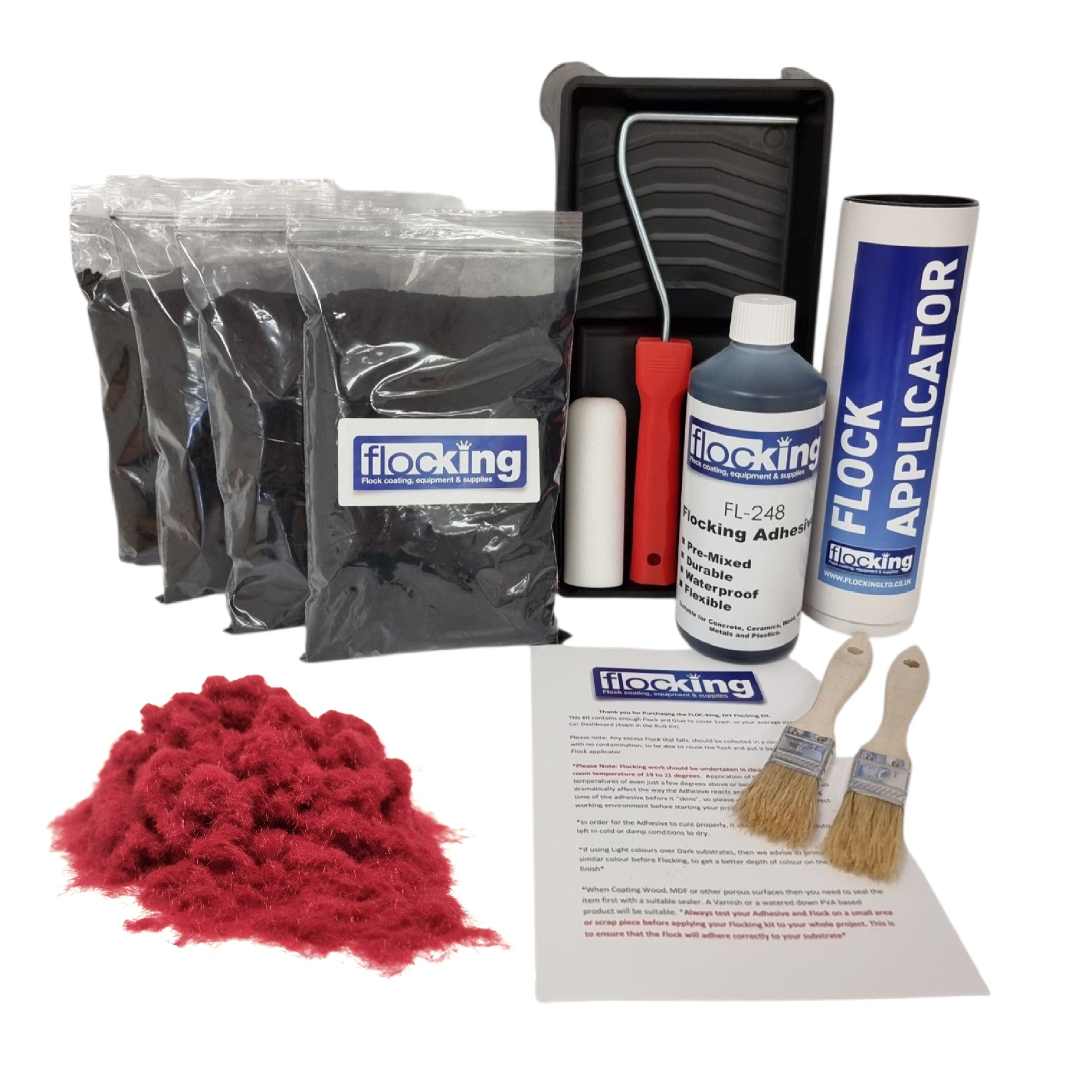 Bulk Flocking kit with bags of Bordeaux Red Nylon flocking fibres, applicator, adhesive, brush, Roller Tray set and full instructions.