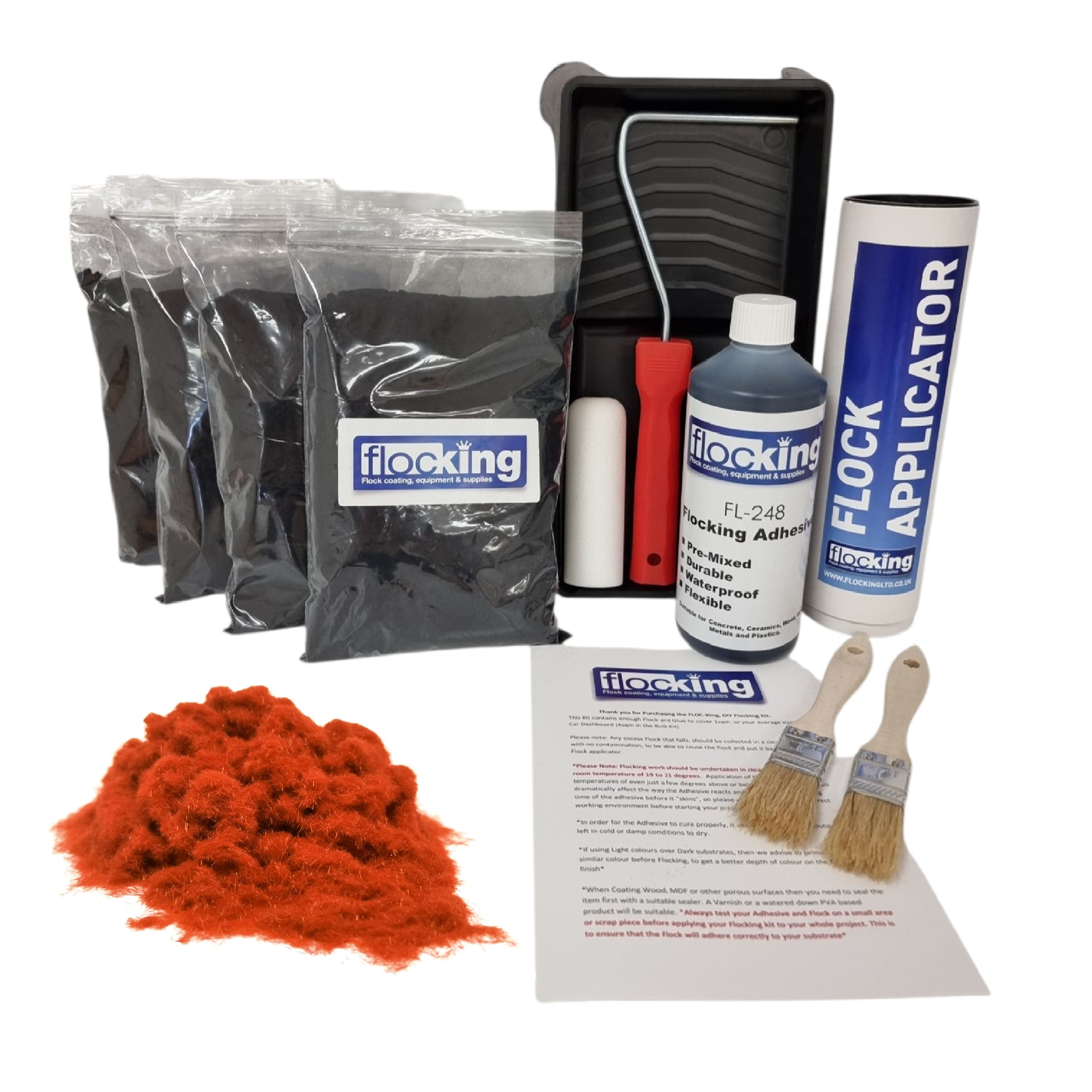Bulk Flocking kit with bags of Burnt Orange Nylon flocking fibres, applicator, adhesive, brush and full instructions.