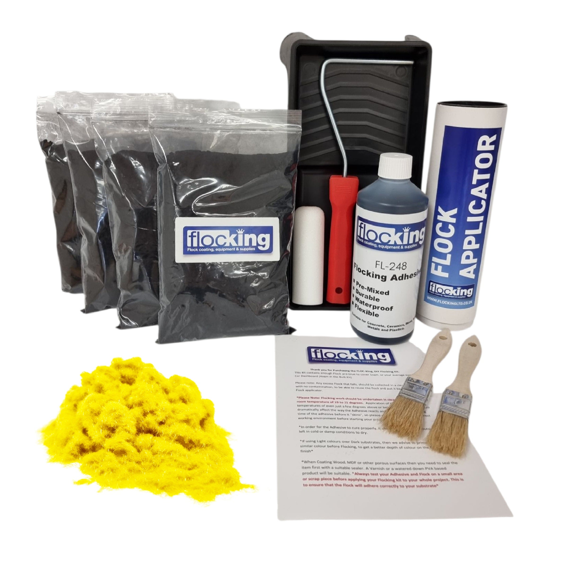 Bulk Flocking kit with bags of Canary Yellow Nylon flocking fibres, applicator, adhesive, brush and full instructions.