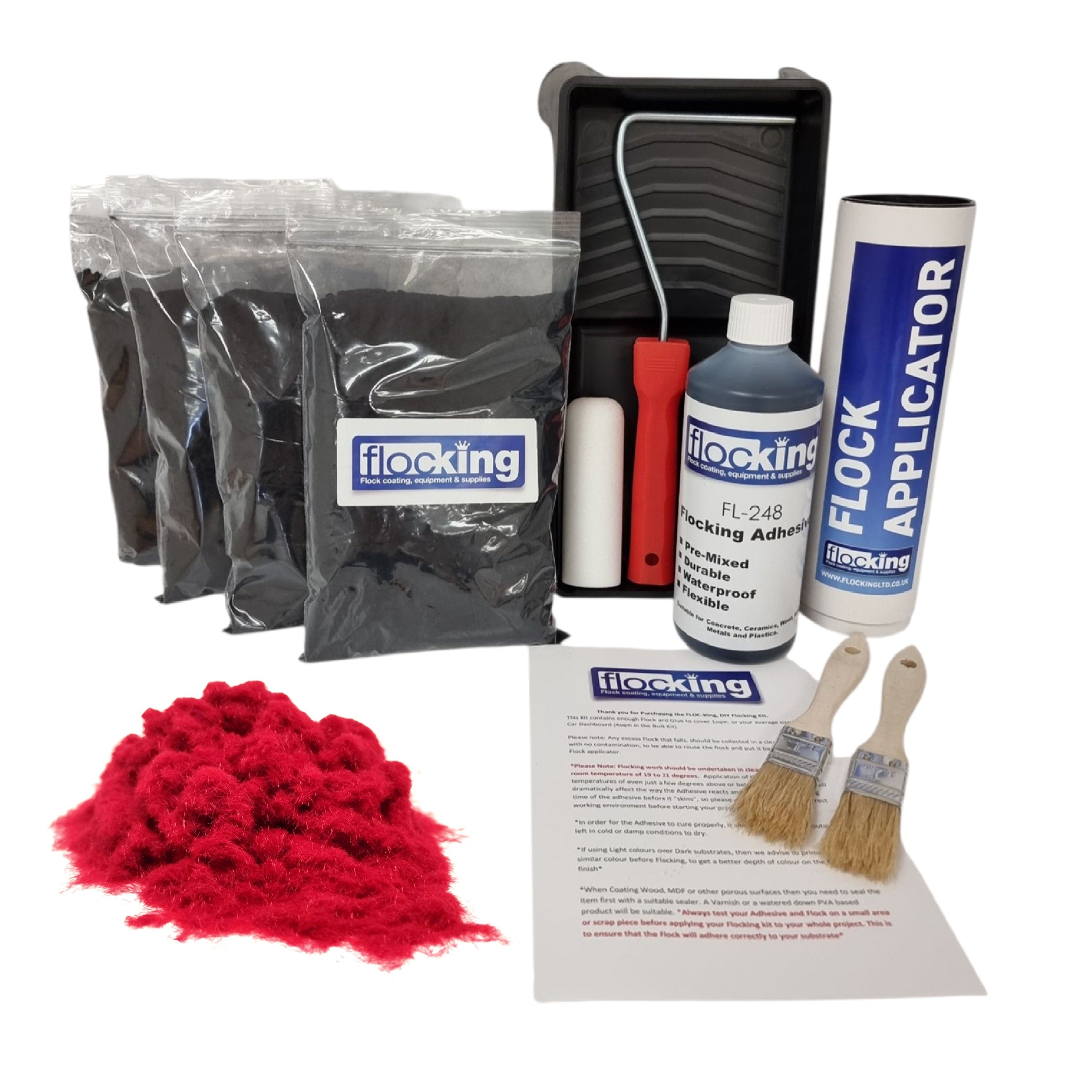 Bulk Flocking kit with bags of Chilli Red Nylon flocking fibres, applicator, adhesive, brush, Roller Tray set and full instructions.