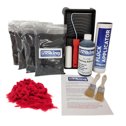 Bulk Flocking kit with bags of Chilli Red Nylon flocking fibres, applicator, adhesive, brush, Roller Tray set and full instructions.