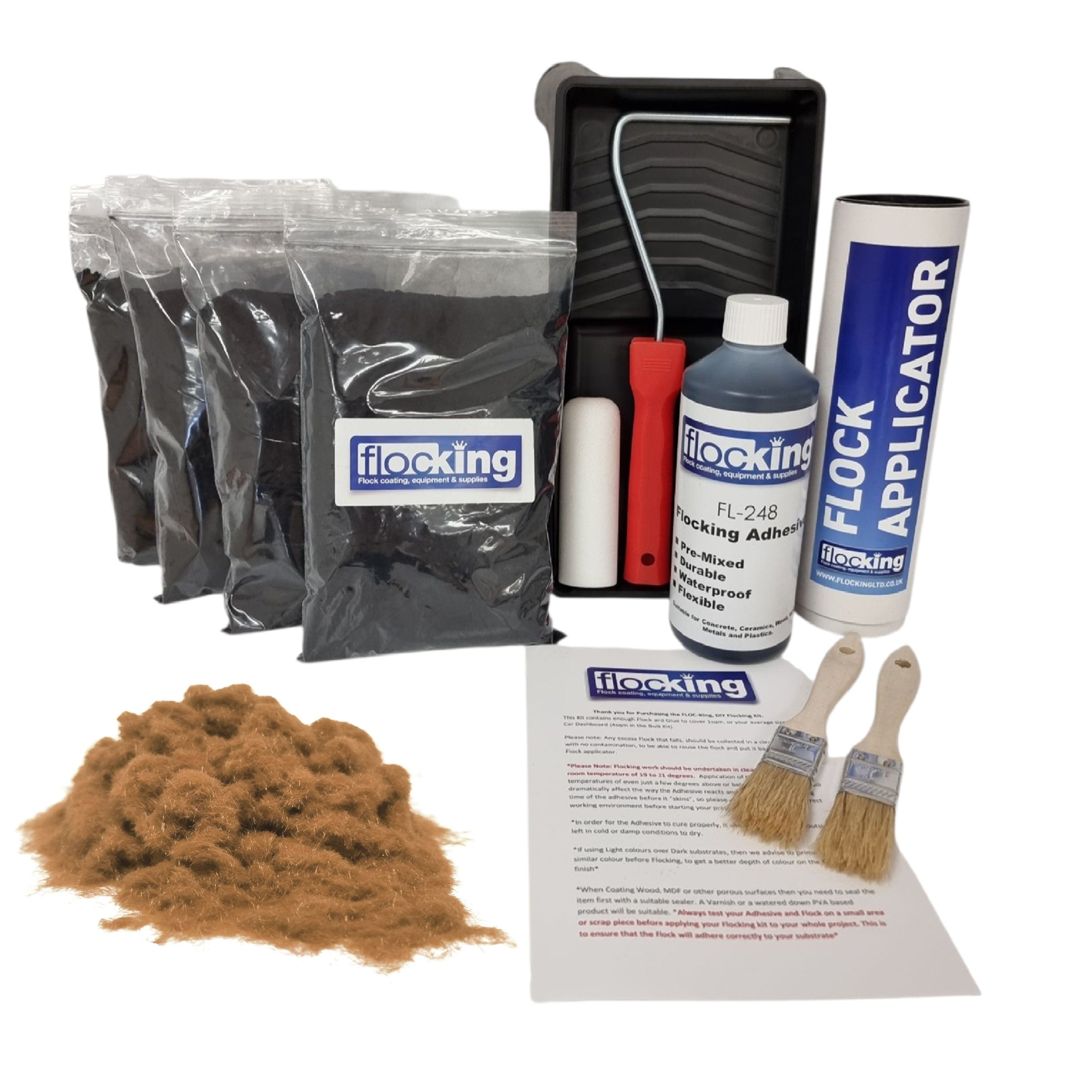 Bulk Flocking kit with bags of Cocoa Brown Nylon flocking fibres, applicator, adhesive, brush and full instructions.