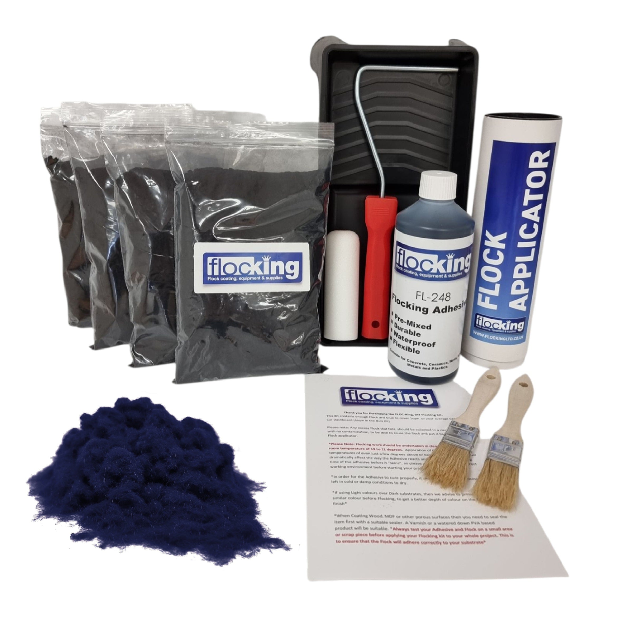 Bulk Flocking kit with bags of Dark Navy Nylon flocking fibres, applicator, adhesive, brush, Roller Tray set and full instructions.
