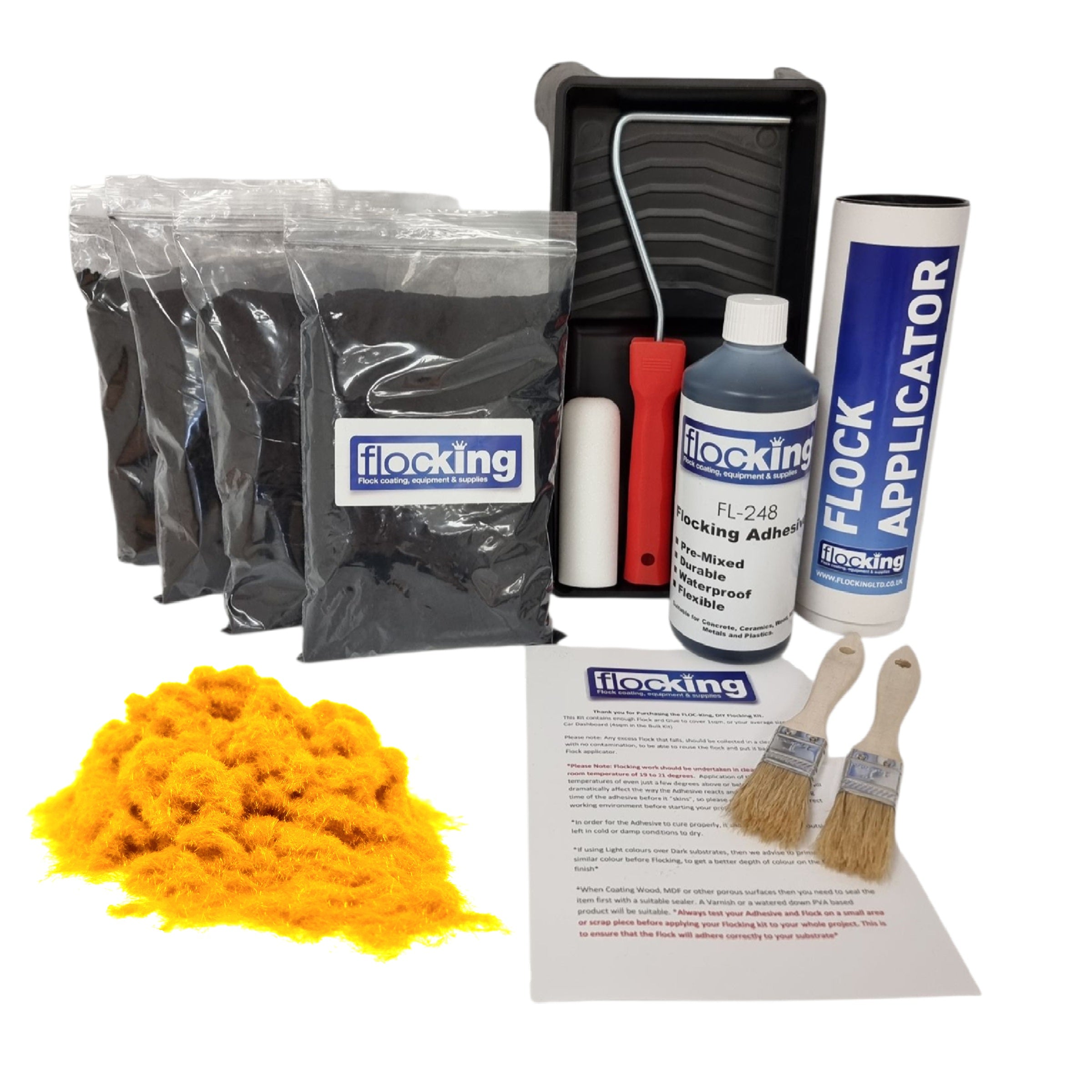 Bulk Flocking kit with bags of Deep Yellow Nylon flocking fibres, applicator, adhesive, brush, Roller Tray set and full instructions.