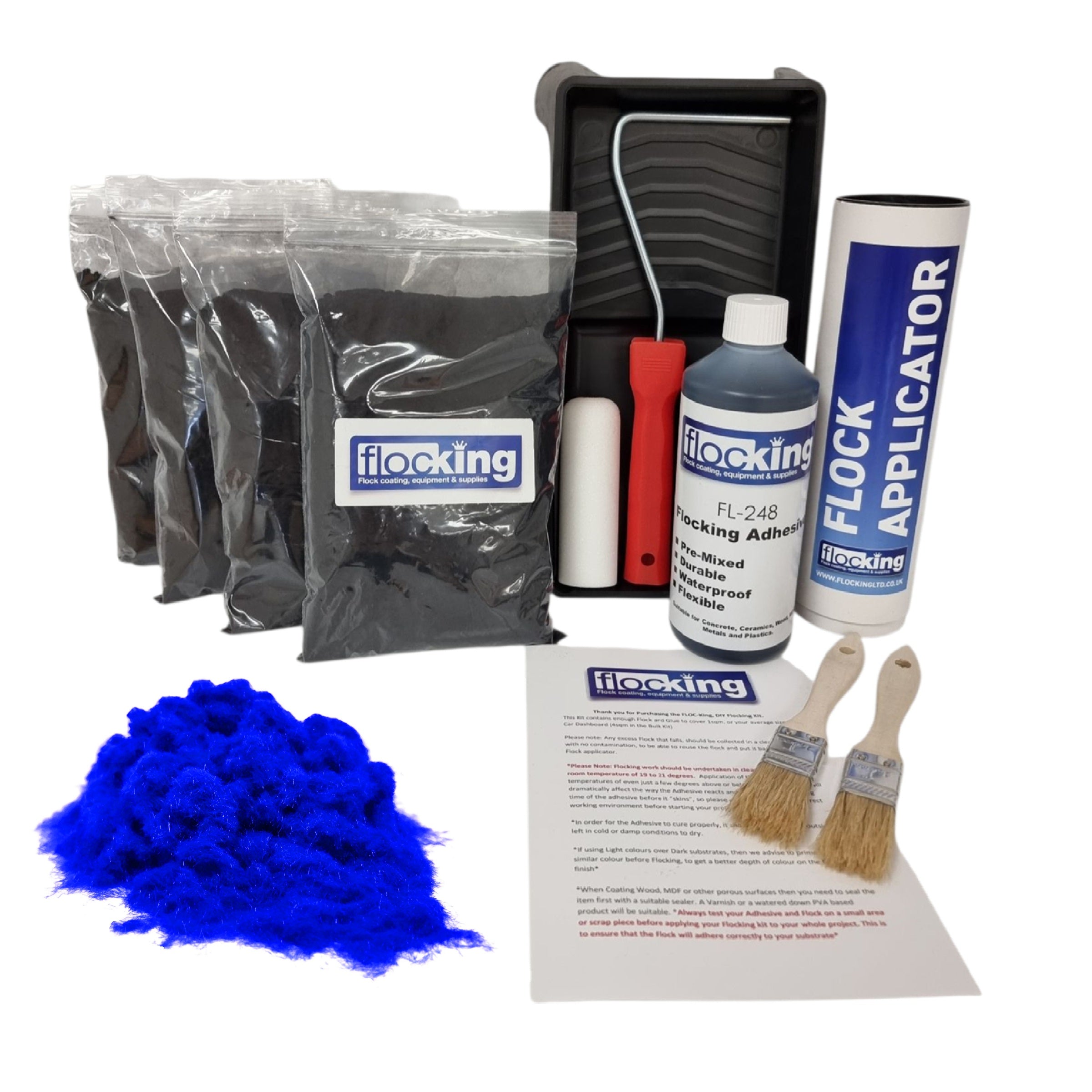 Bulk Flocking kit with bags of Electric Blue Nylon flocking fibres, applicator, adhesive, brush, Roller Tray set and full instructions.