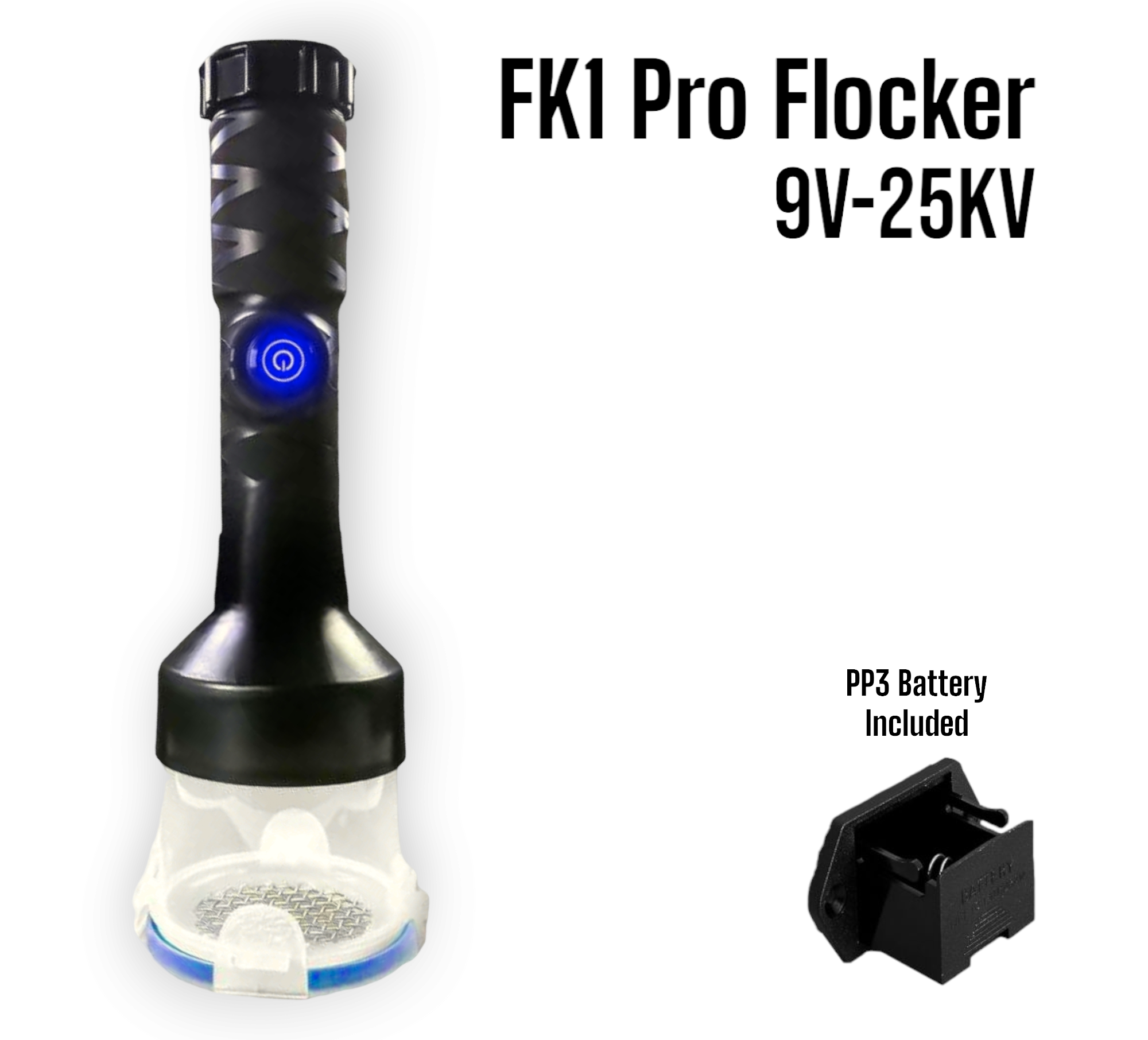 The FK1-Pro Flocking Applicator, a portable handheld tool used in DIY flocking to electrostatically charge and apply flock fibres.