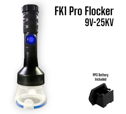 The FK1-Pro Flocking Applicator, a portable handheld tool used in DIY flocking to electrostatically charge and apply flock fibres.