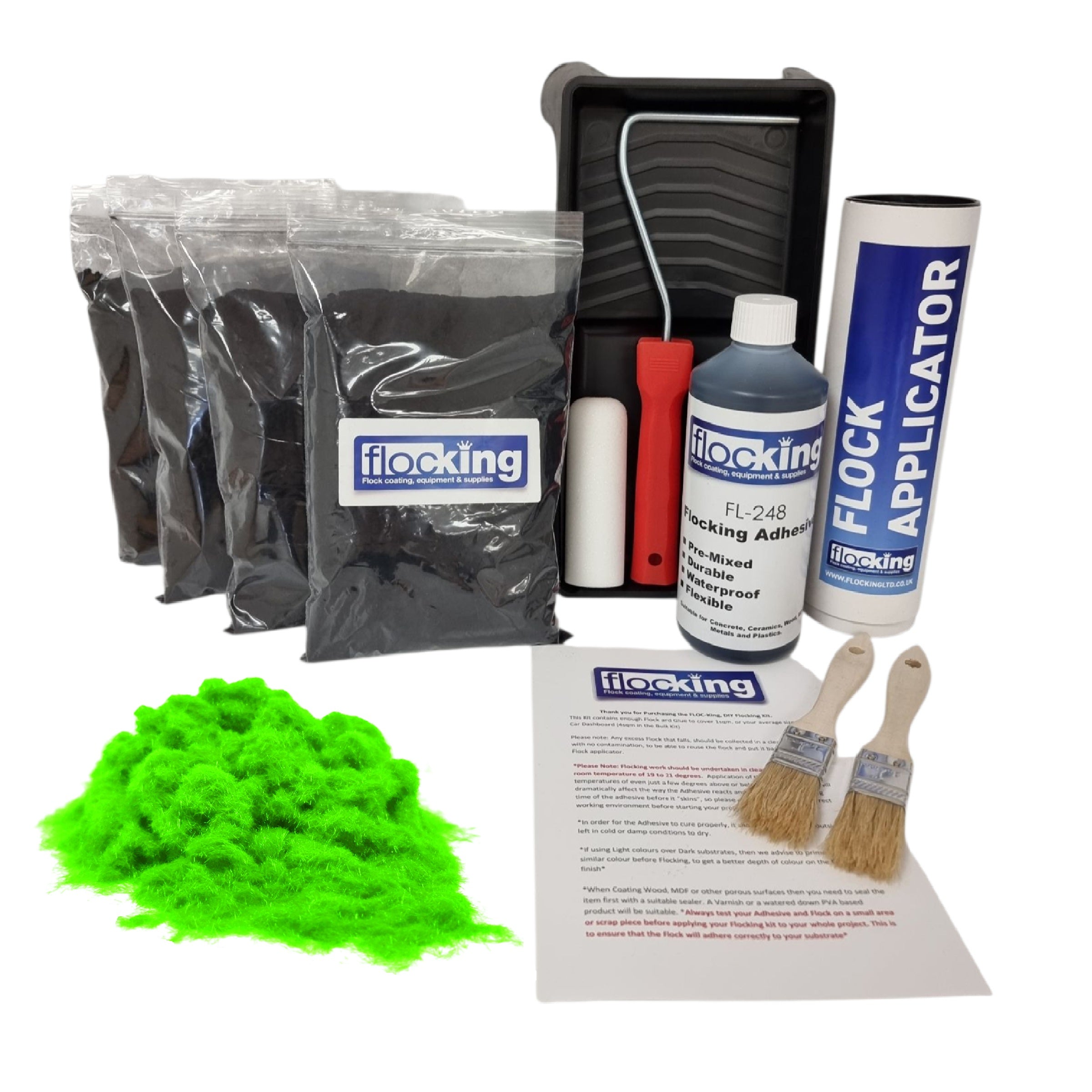 Bulk Flocking kit with bags of Fluorescent Green Nylon flocking fibres, applicator, adhesive, brush and full instructions.