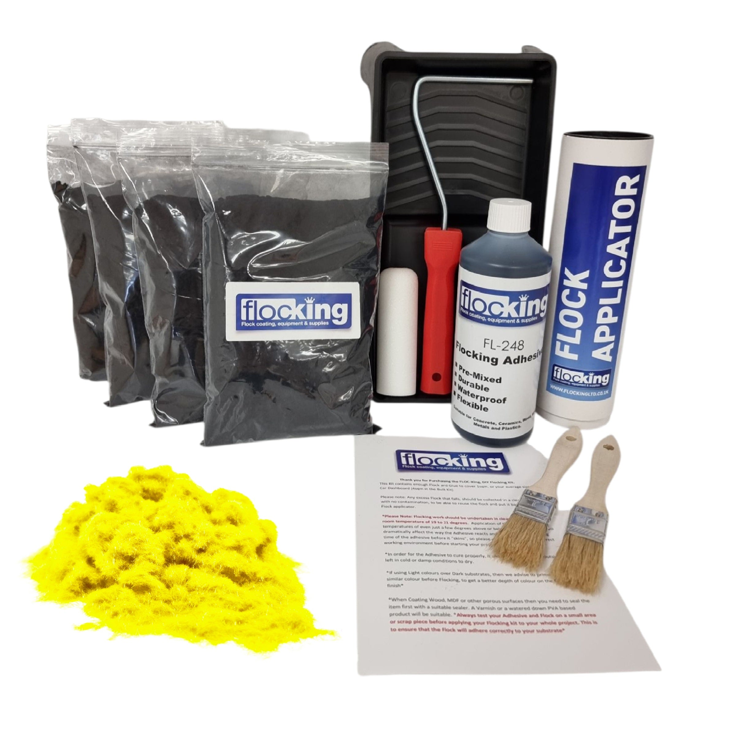 Bulk Flocking kit with bags of Fluorescent Yellow Nylon flocking fibres, applicator, adhesive, brush, Roller Tray set and full instructions.