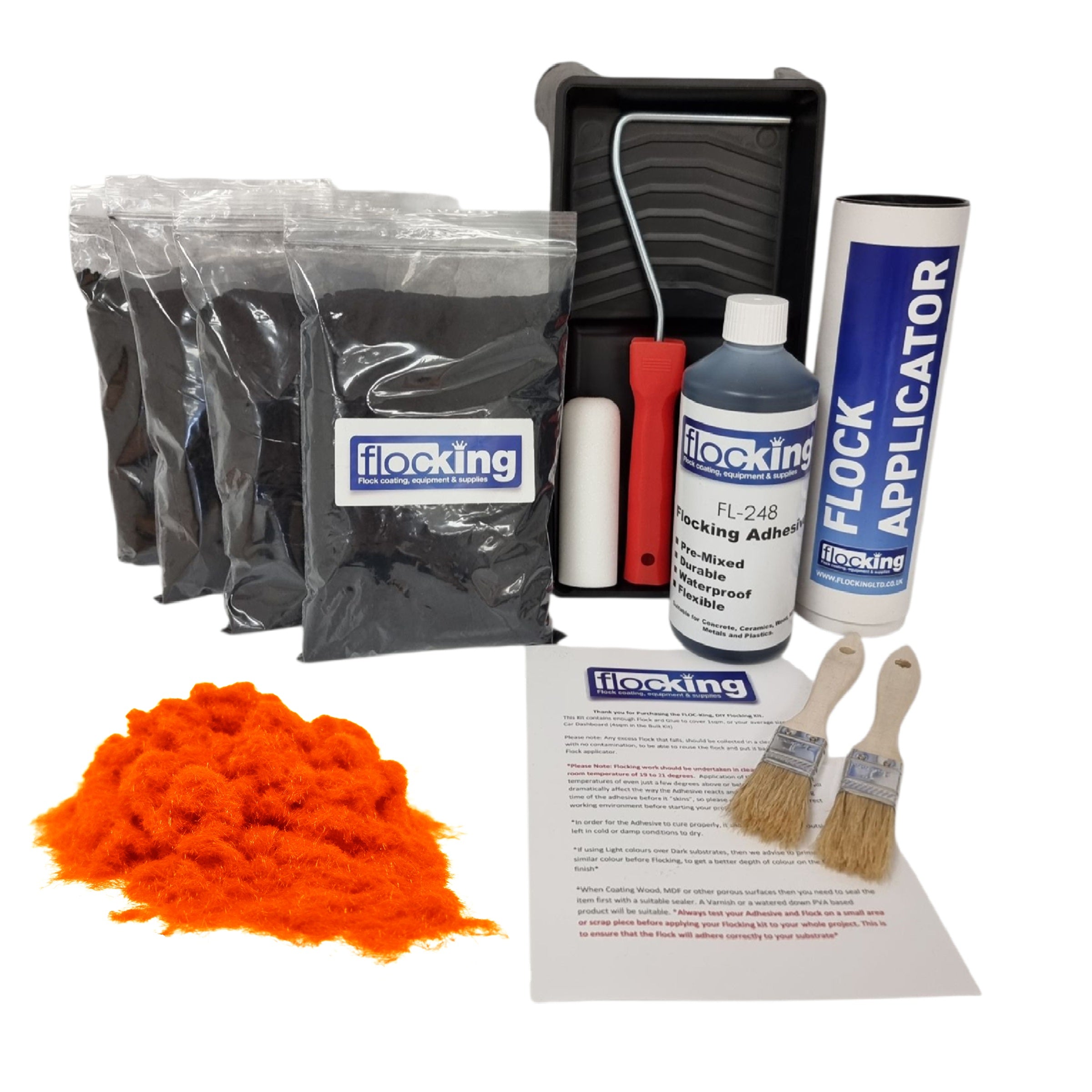 Bulk Flocking kit with bags of Fluorescent Orange Nylon flocking fibres, applicator, adhesive, brush, Roller Tray set and full instructions.