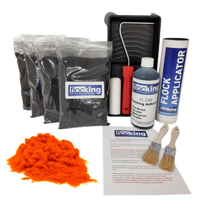 Bulk Flocking kit with bags of Fluorescent Orange Nylon flocking fibres, applicator, adhesive, brush, Roller Tray set and full instructions.