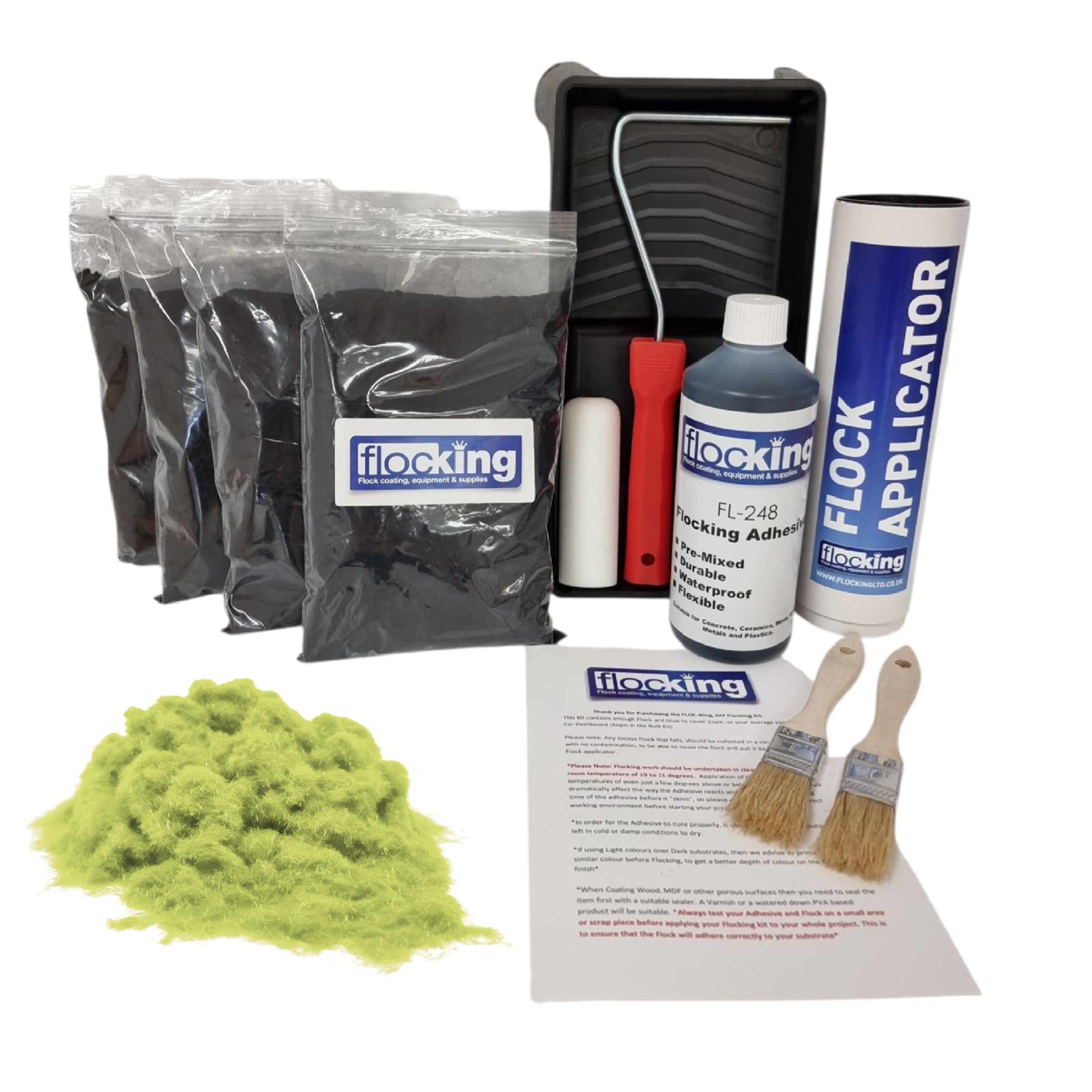 Bulk Flocking kit with bags of Gooseberry Green Nylon flocking fibres, applicator, adhesive, brush and full instructions.