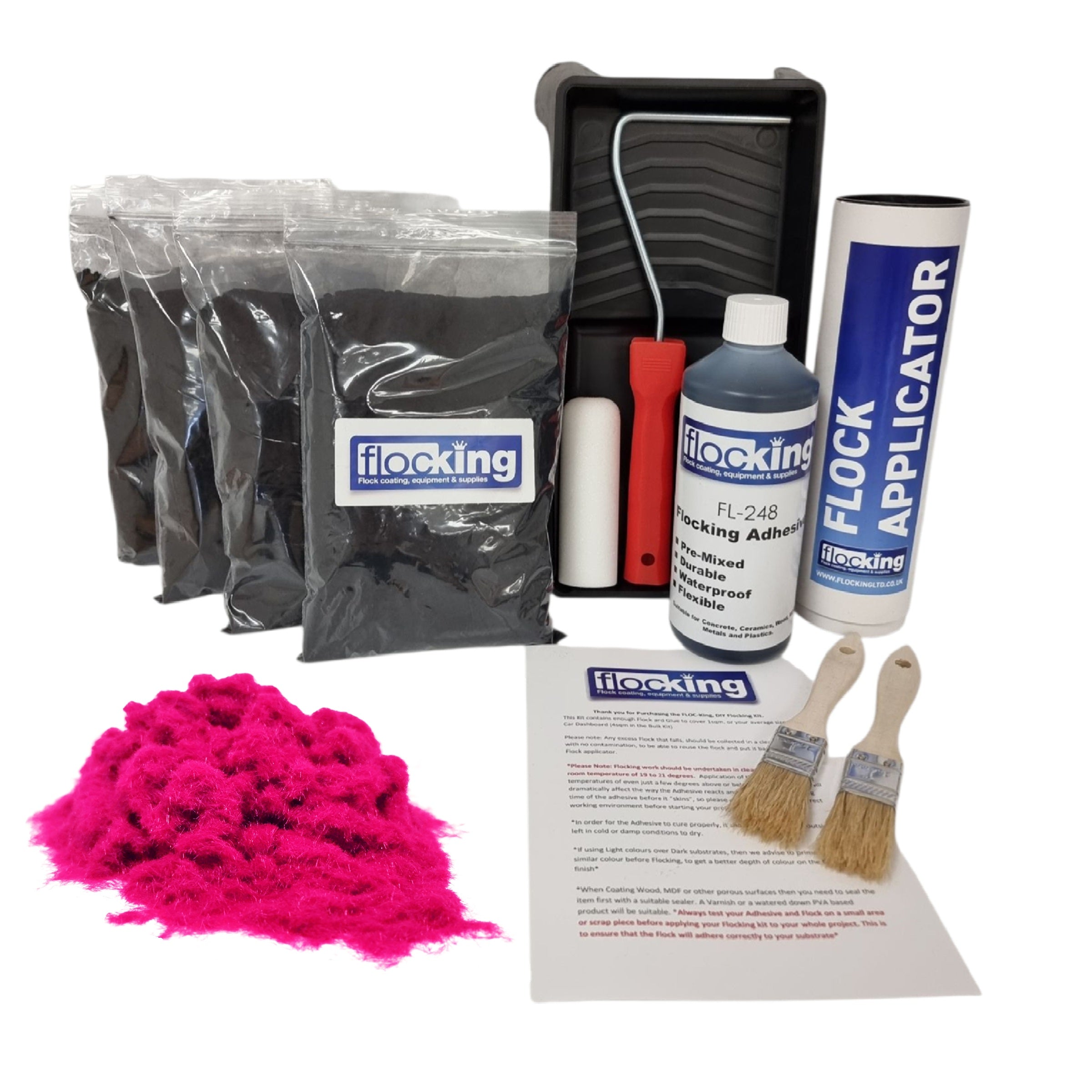 Bulk Flocking kit with bags of Hot Pink Nylon flocking fibres, applicator, adhesive, brush, Roller Tray set and full instructions.