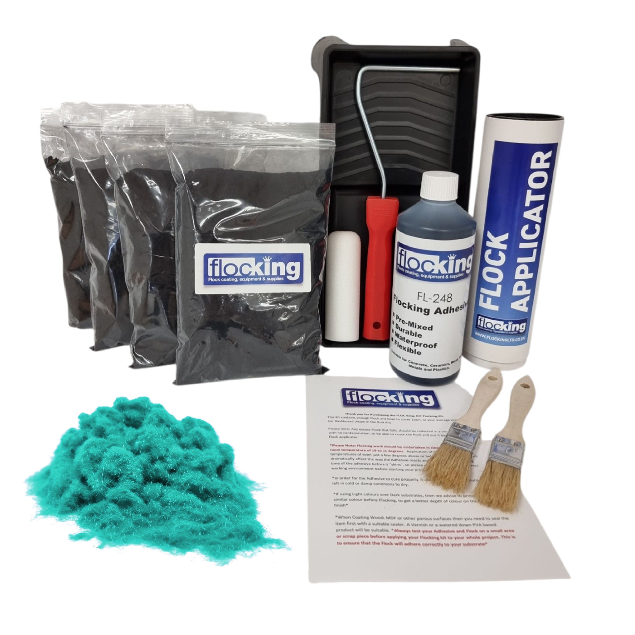 Bulk Flocking kit with bags of Light Turquoise Nylon flocking fibres, applicator, adhesive, brush and full instructions.