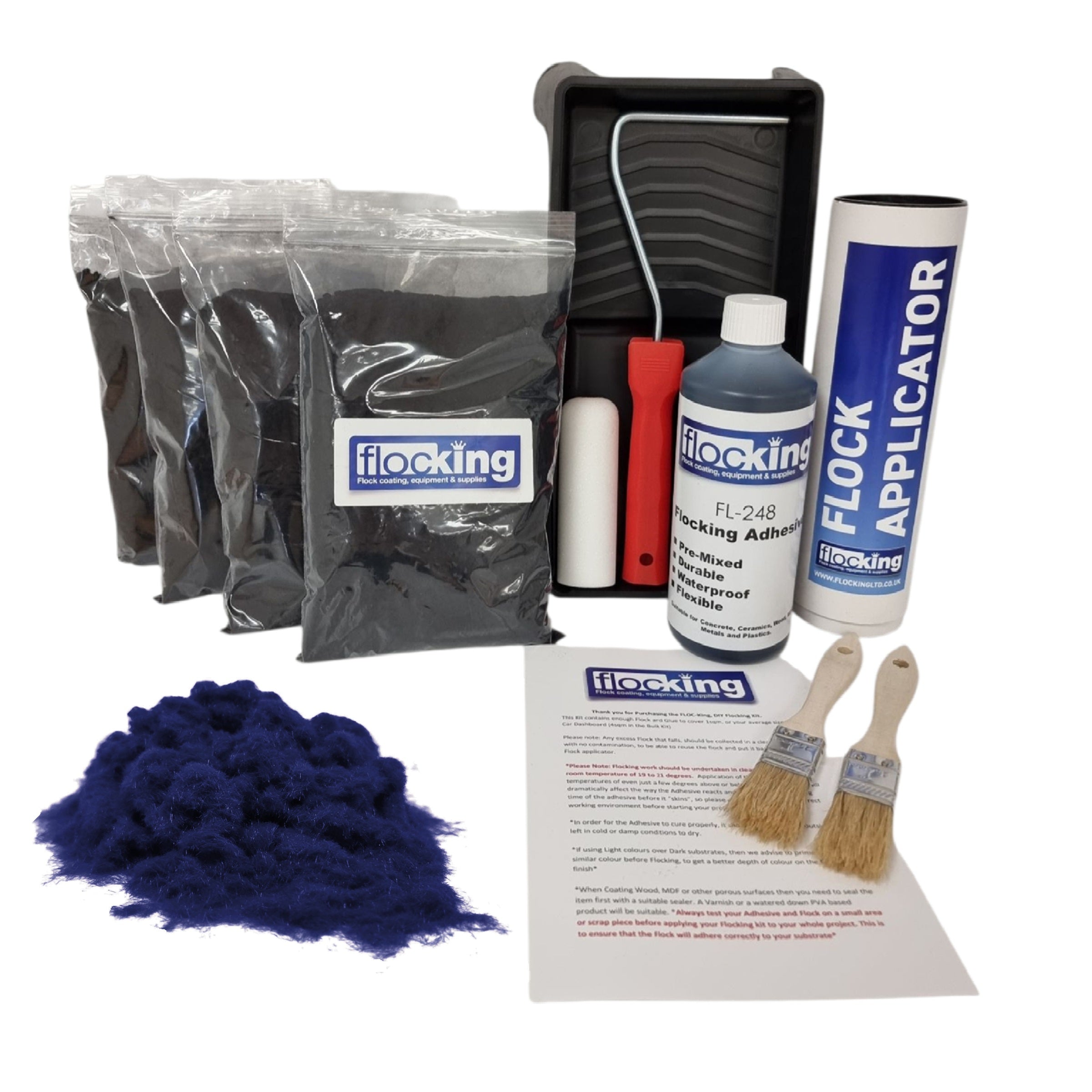 Bulk Flocking kit with bags of Navy Blue Nylon flocking fibres, applicator, adhesive, brush, Roller Tray set and full instructions.