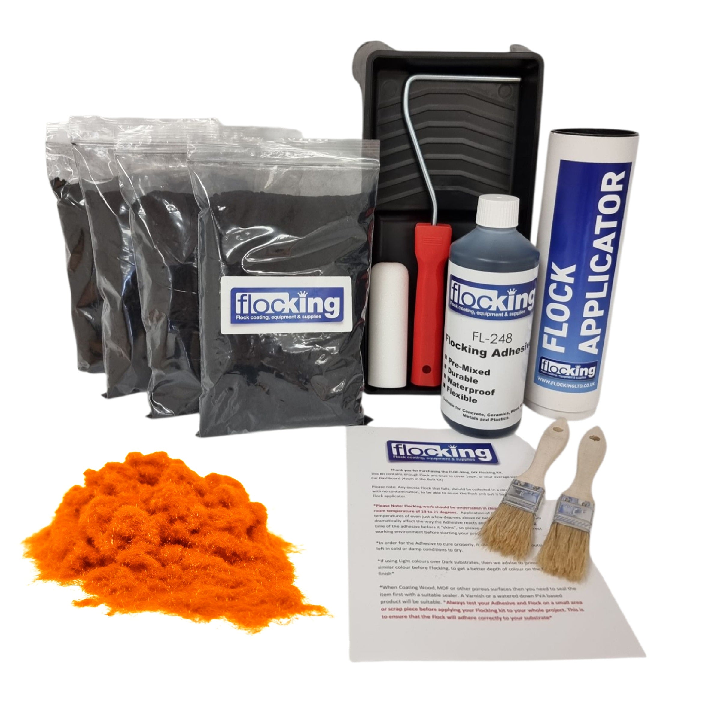 Bulk Flocking kit with bags of Orange Nylon flocking fibres, applicator, adhesive, brush, Roller Tray set and full instructions.