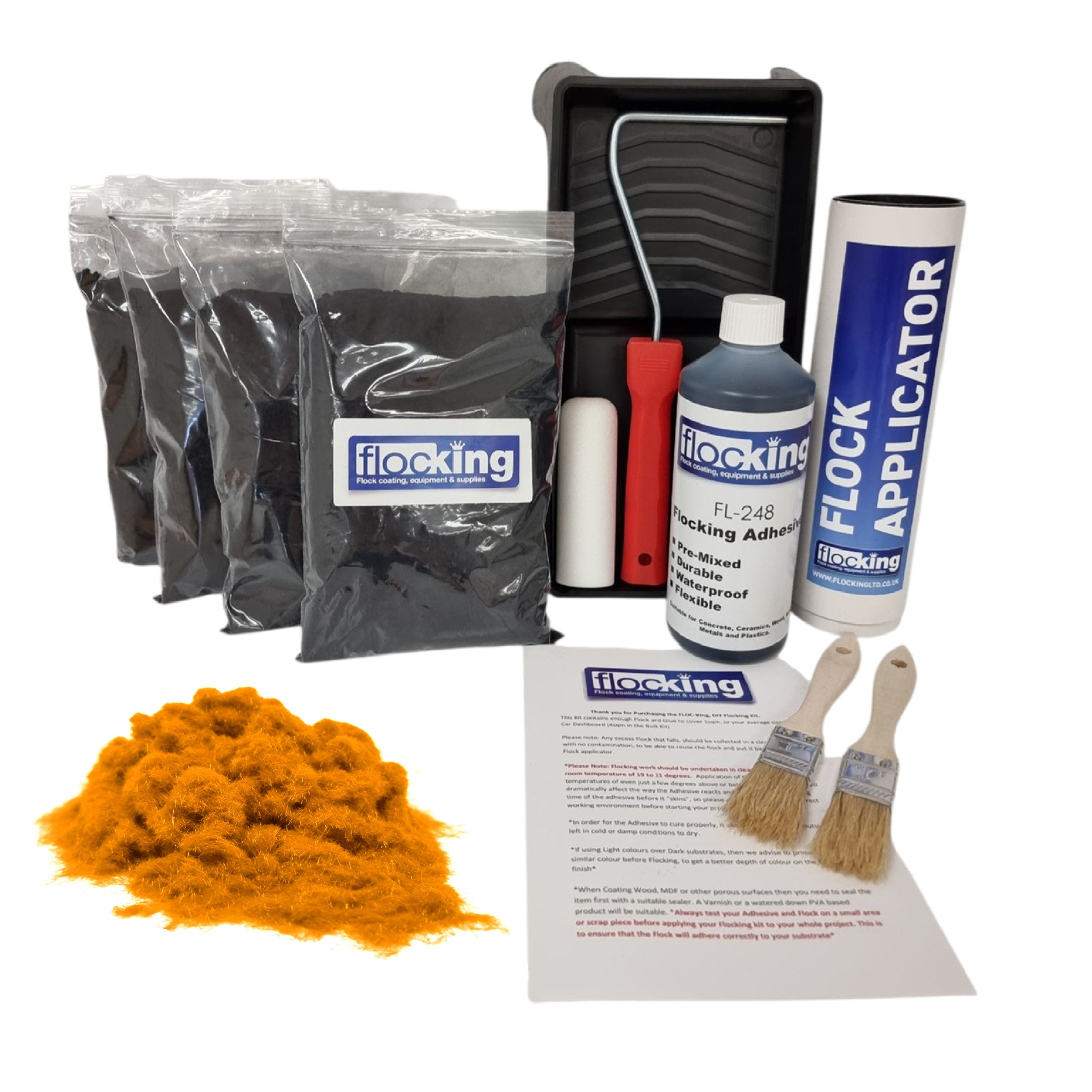 Bulk Flocking kit with bags of Oro Gold Nylon flocking fibres, applicator, adhesive, brush, Roller Tray set and full instructions.