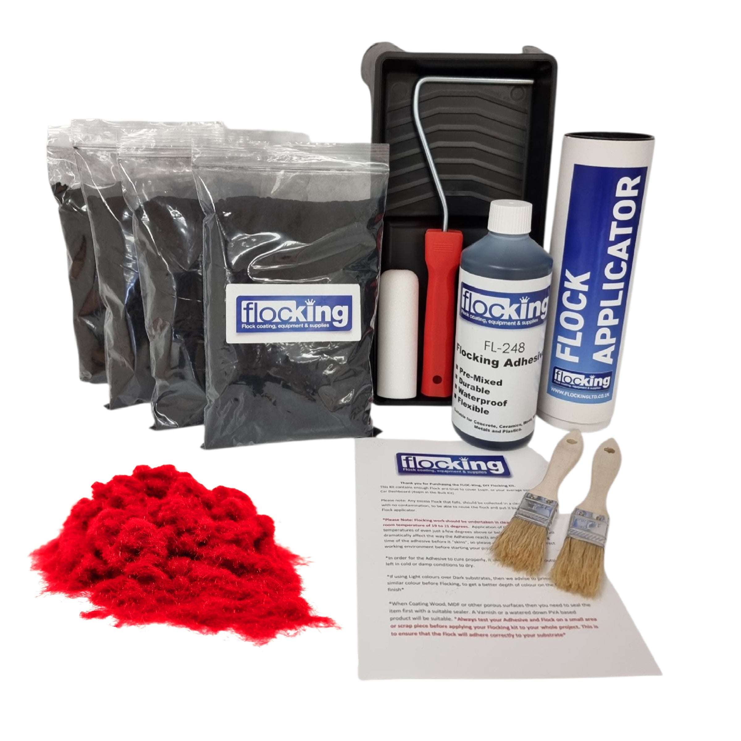 Bulk Flocking kit with bags of Pillar Box Red Nylon flocking fibres, applicator, adhesive, brush, Roller Tray set and full instructions.