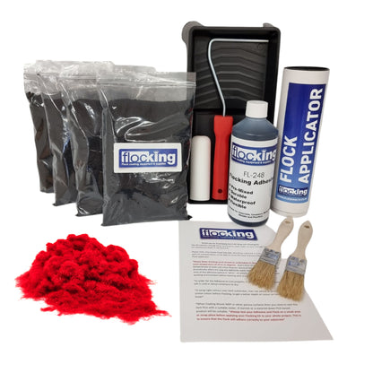 Bulk Flocking kit with bags of Pillar Box Red Nylon flocking fibres, applicator, adhesive, brush, Roller Tray set and full instructions.
