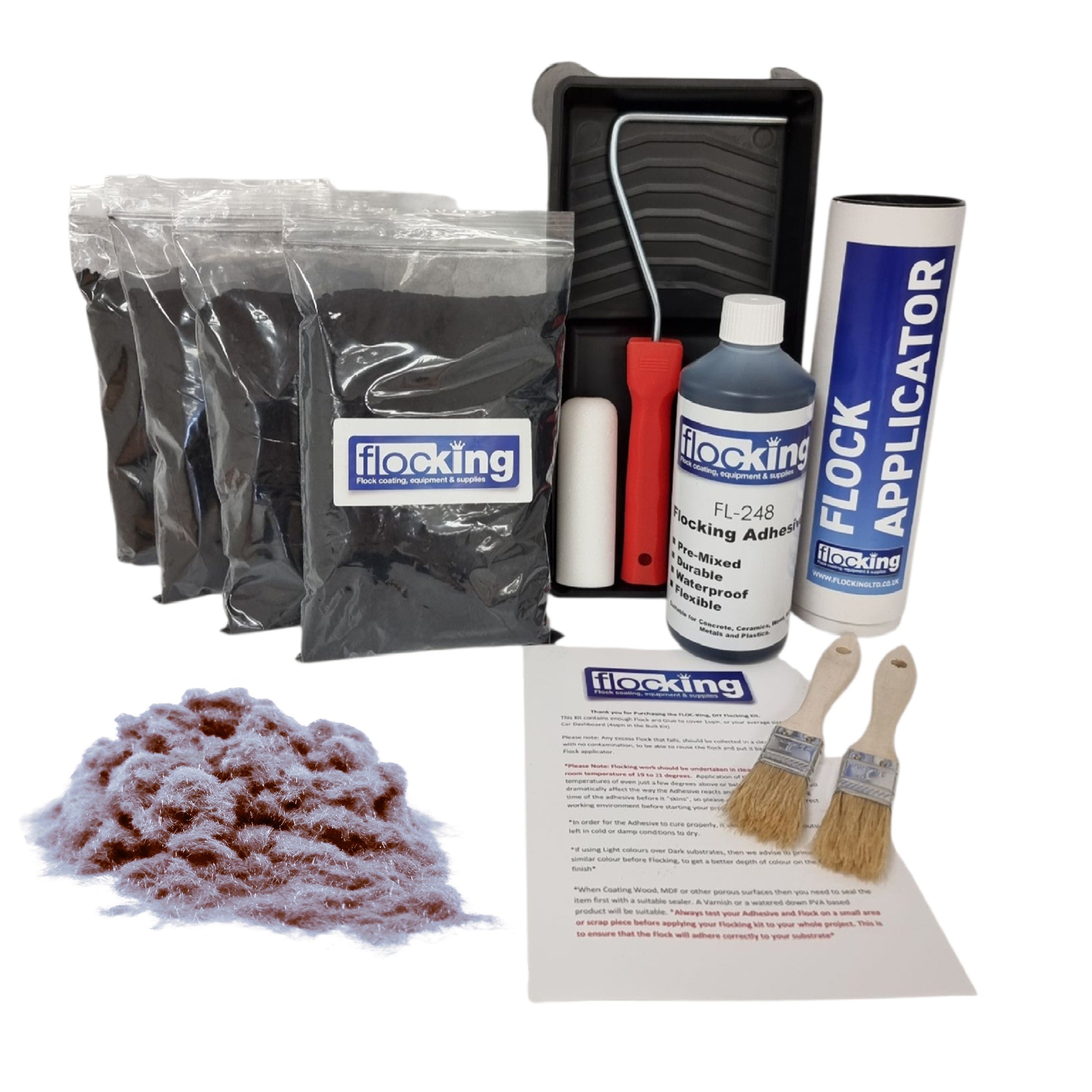 Bulk Flocking kit with bags of Platinum Medium Grey Nylon flocking fibres, applicator, adhesive, brush and full instructions.