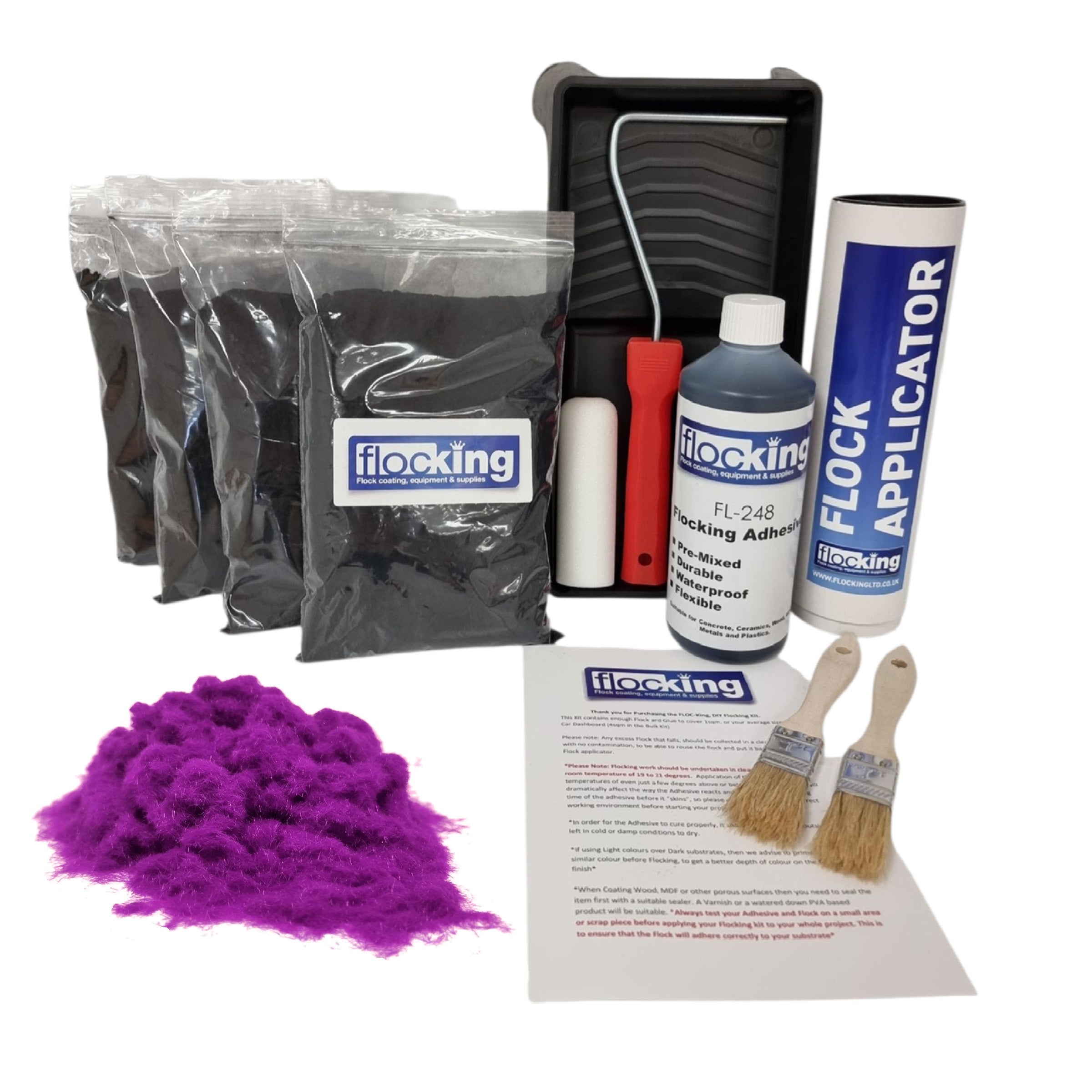 Bulk Flocking kit with bags of Purple Nylon flocking fibres, applicator, adhesive, brush, Roller Tray set and full instructions.