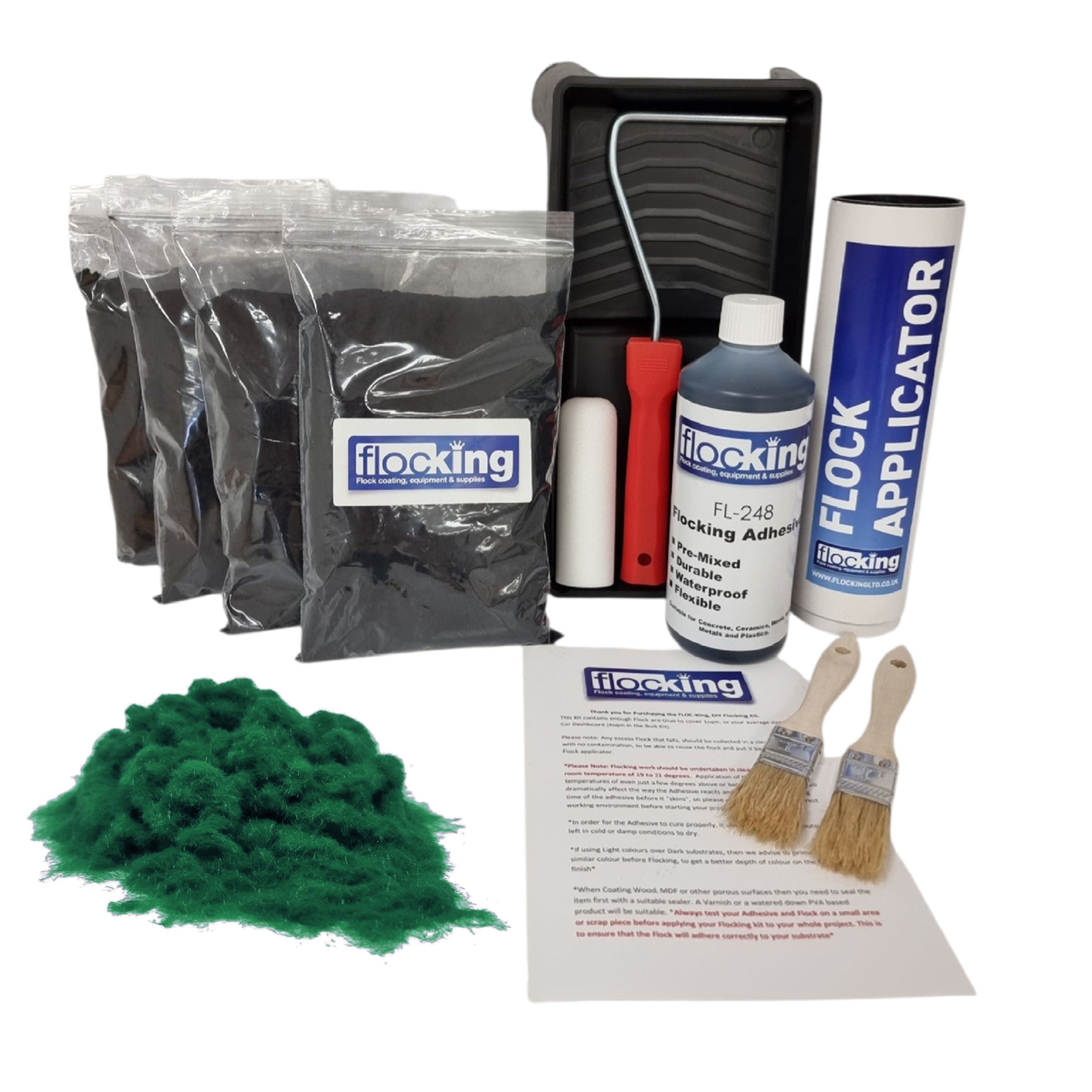 Bulk Flocking kit with bags of Racing Green Nylon flocking fibres, applicator, adhesive, brush, Roller Tray set and full instructions.