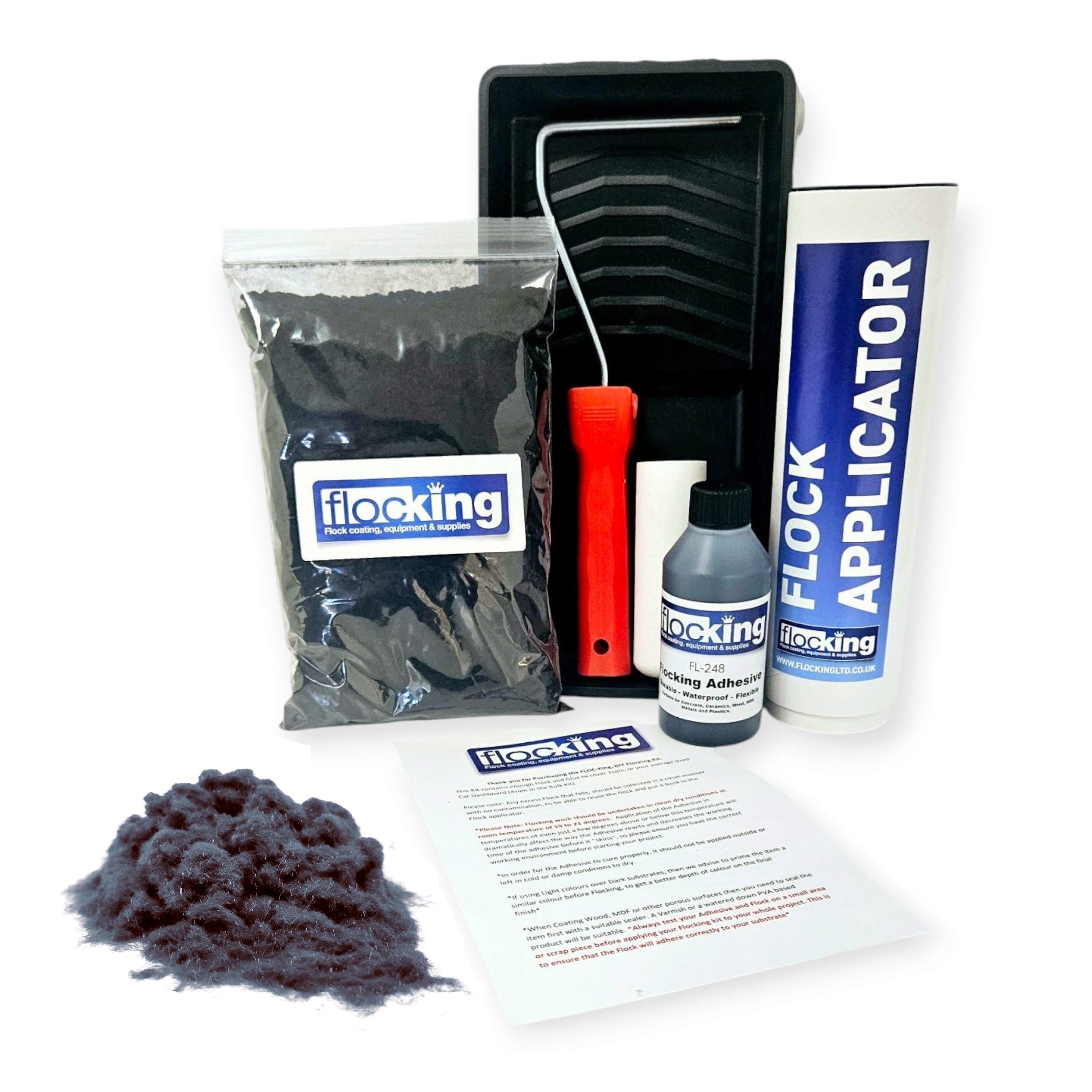 Flocking Kit with 1mm flock Fibres in Anthracite Grey, a manual pump Flock fibre applicator, Flocking Adhesive Glue pre pigmented to Anthracite Grey  to match flock powder, a 9 inch roller tray with foam roller and a full step by step instruction guide.
