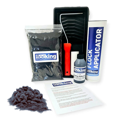 Flocking Kit with 1mm flock Fibres in Anthracite Grey, a manual pump Flock fibre applicator, Flocking Adhesive Glue pre pigmented to Anthracite Grey  to match flock powder, a 9 inch roller tray with foam roller and a full step by step instruction guide.