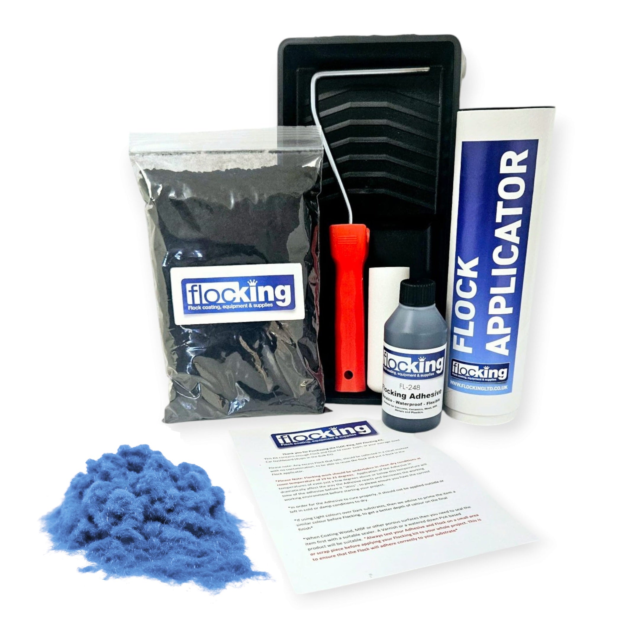 Flocking Kit with 1mm flock Fibres in Aqua Blue, a manual pump Flock fibre applicator, Flocking Adhesive Glue pre pigmented to Aqua Blue to match flock powder, a 9 inch roller tray with foam roller and a full step by step instruction guide.