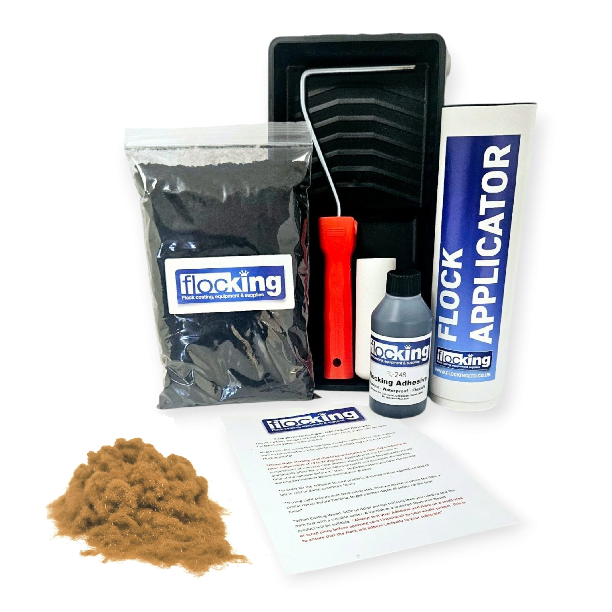 Flocking Kit with 1mm flock Fibres in Arena Brown, a manual pump Flock fibre applicator, Flocking Adhesive Glue pre pigmented to Arena Brown to match flock powder, a 9 inch roller tray with foam roller and a full step by step instruction guide.