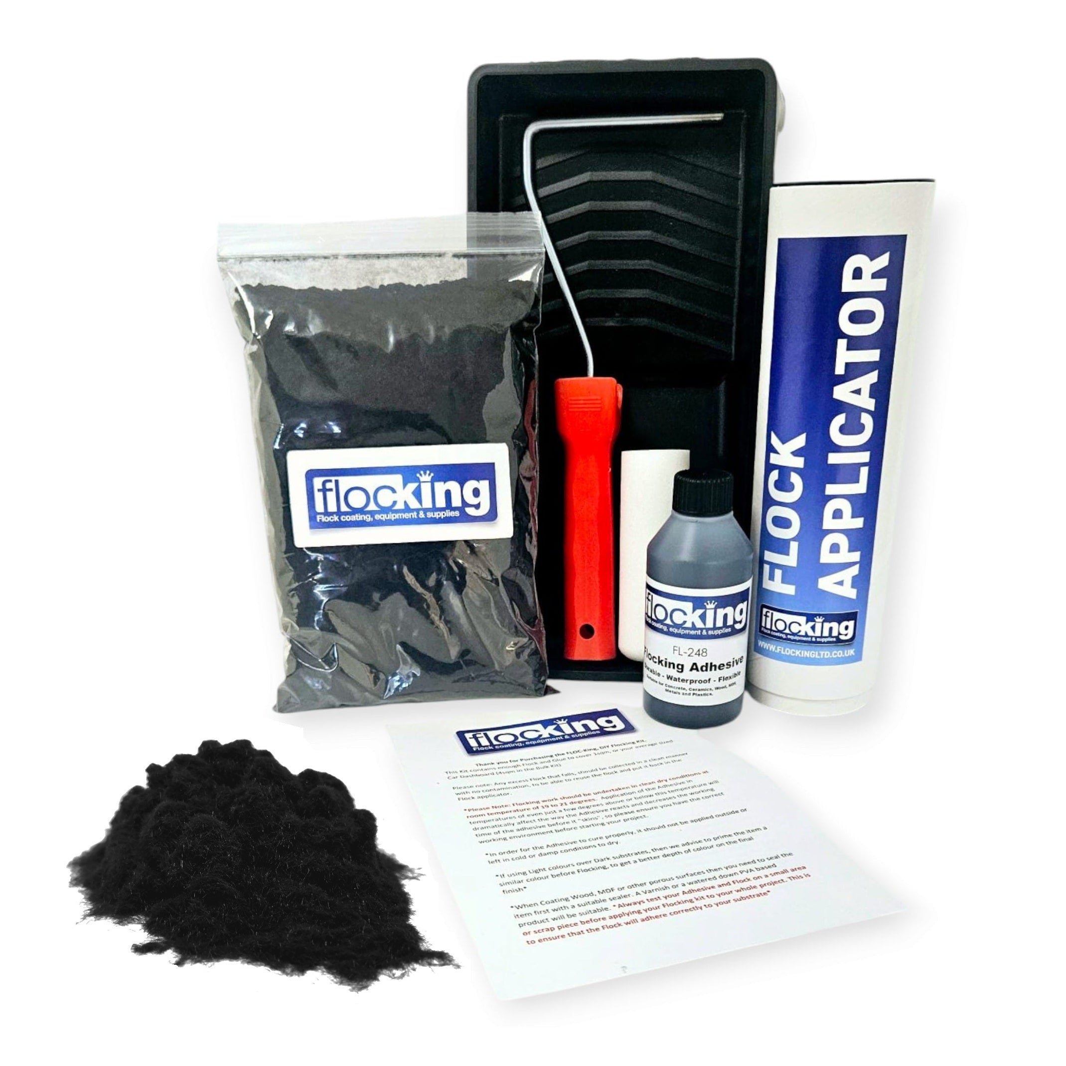Flocking Kit with 1mm flock Fibres in Black, a manual pump Flock fibre applicator, Flocking Adhesive Glue pre pigmented to Black to match flock powder, a 9 inch roller tray with foam roller and a full step by step instruction guide.