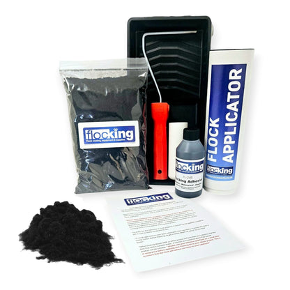 Flocking Kit with 1mm flock Fibres in Black, a manual pump Flock fibre applicator, Flocking Adhesive Glue pre pigmented to Black to match flock powder, a 9 inch roller tray with foam roller and a full step by step instruction guide.