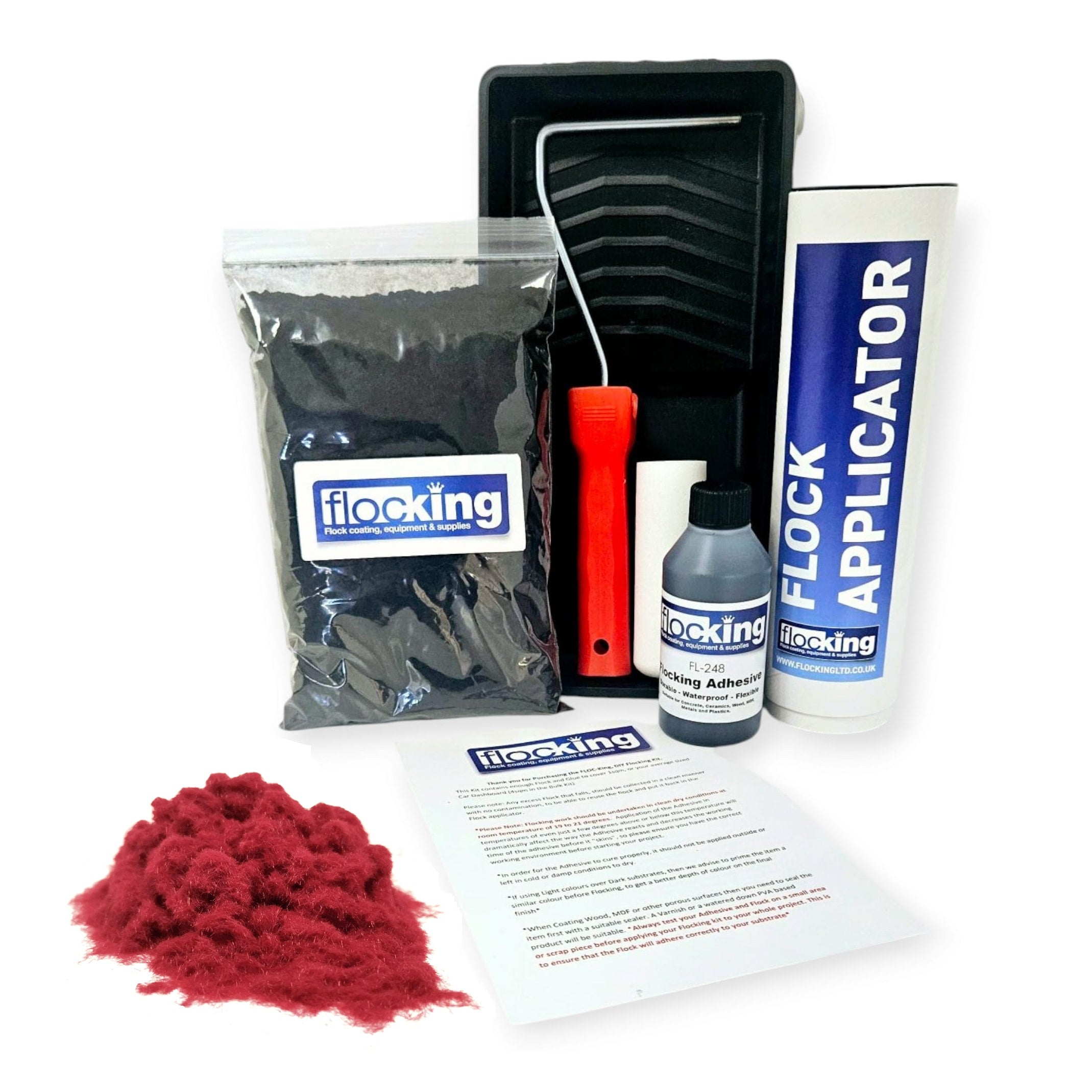 Flocking Kit with 1mm flock Fibres in Bordeaux Red, a manual pump Flock fibre applicator, Flocking Adhesive Glue pre pigmented to Bordeaux Red to match flock powder, a 9 inch roller tray with foam roller and a full step by step instruction guide.