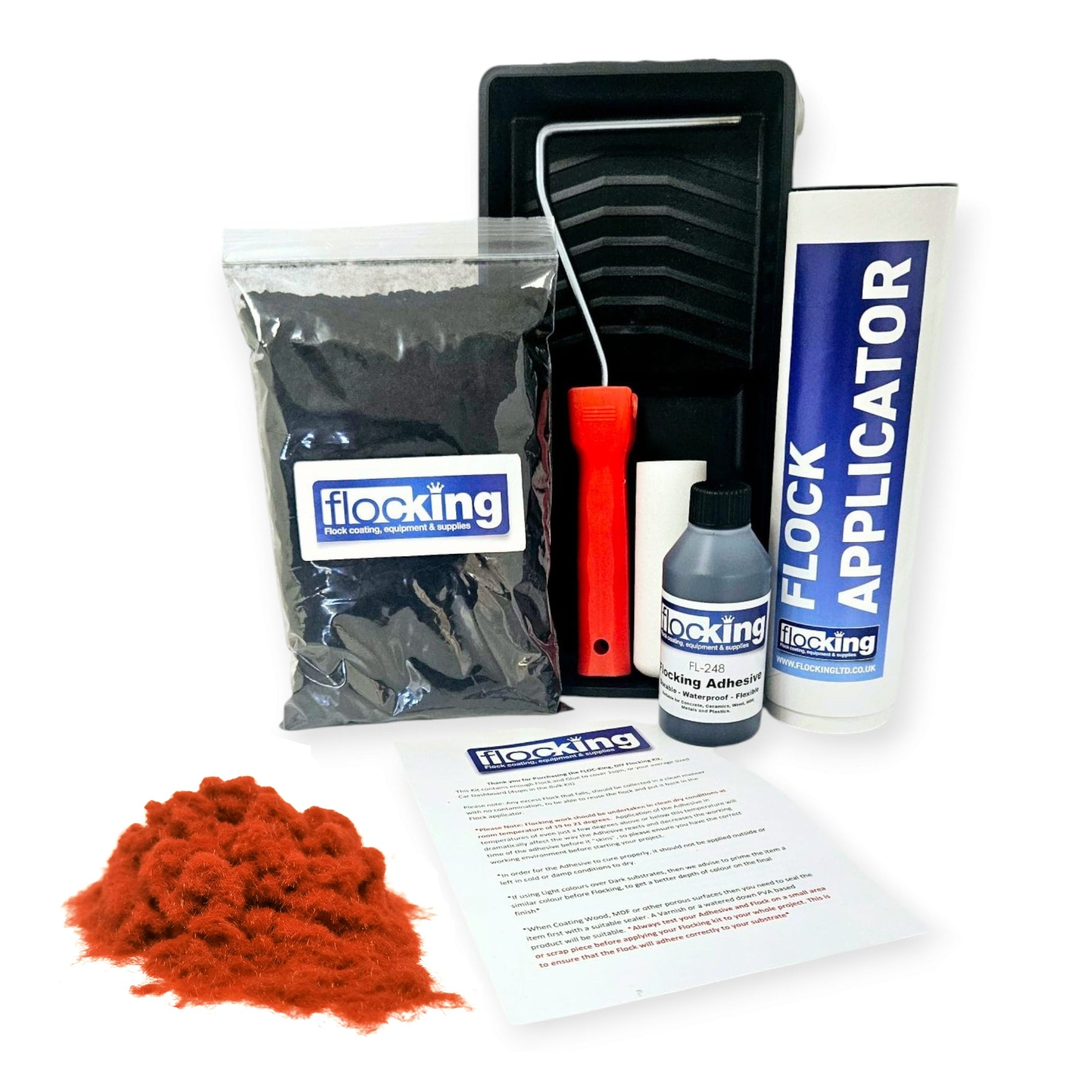 Flocking Kit with 1mm flock Fibres in Burnt Orange, a manual pump Flock fibre applicator, Flocking Adhesive Glue pre pigmented to Burnt Orange to match flock powder, a 9 inch roller tray with foam roller and a full step by step instruction guide.