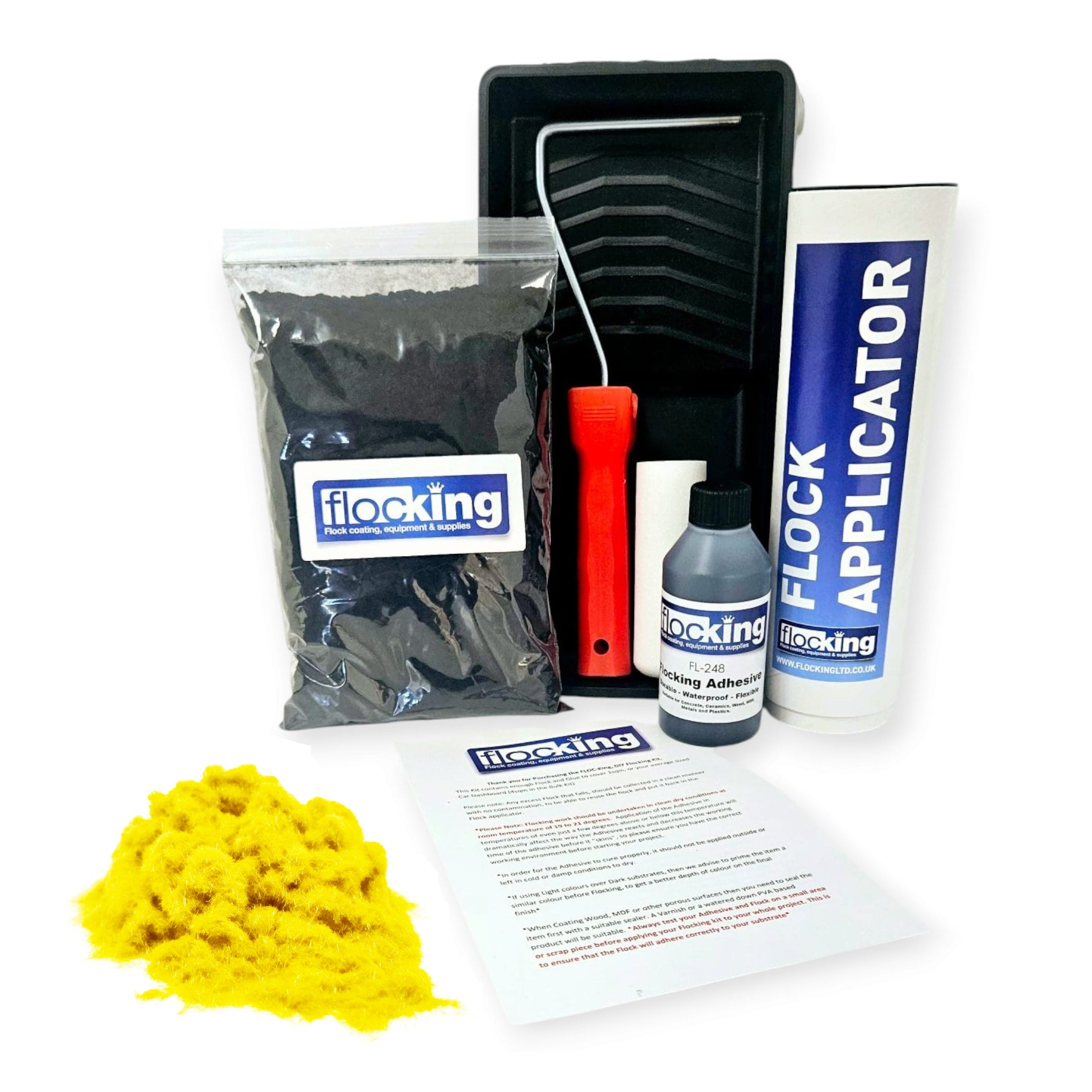 Flocking Kit with 1mm flock Fibres in Canary Yellow, a manual pump Flock fibre applicator, Flocking Adhesive Glue pre pigmented to Canary Yellow to match flock powder, a 9 inch roller tray with foam roller and a full step by step instruction guide.