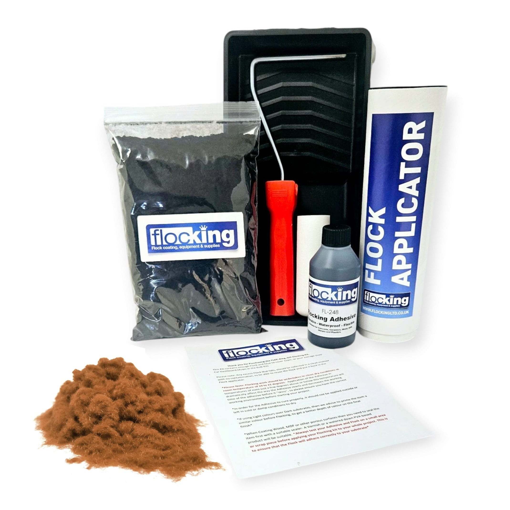 Flocking Kit with 1mm flock Fibres in Cinnamon Brown, a manual pump Flock fibre applicator, Flocking Adhesive Glue pre pigmented to Cinnamon Brown to match flock powder, a 9 inch roller tray with foam roller and a full step by step instruction guide.