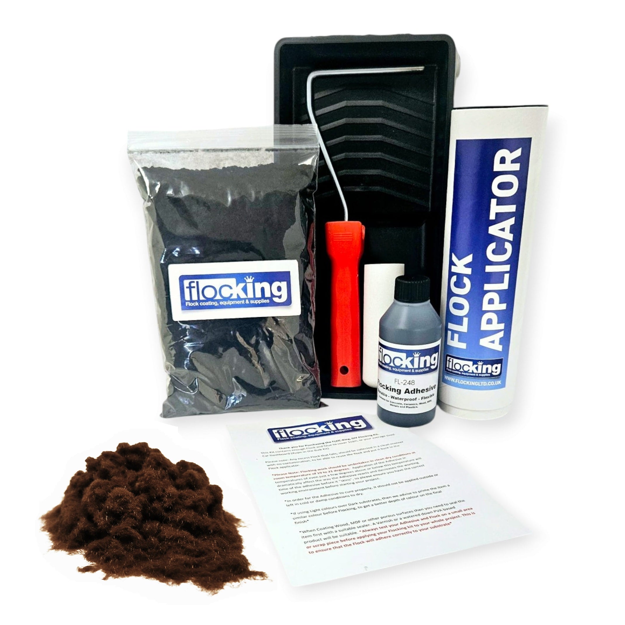 Flocking Kit with 1mm flock Fibres in Dark Brown, a manual pump Flock fibre applicator, Flocking Adhesive Glue pre pigmented to Dark Brown to match flock powder, a 9 inch roller tray with foam roller and a full step by step instruction guide.