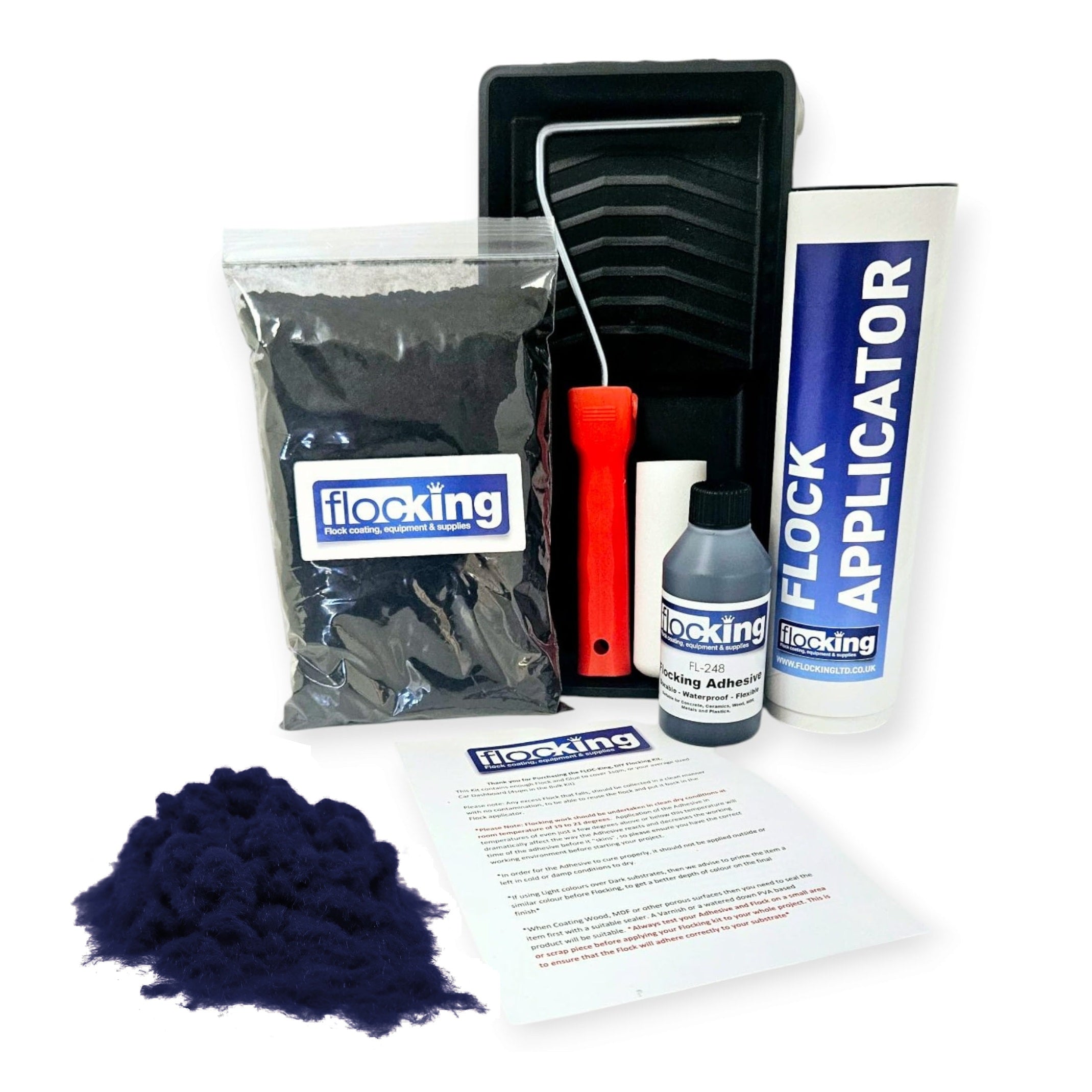 Flocking Kit with 1mm flock Fibres in Dark Navy, a manual pump Flock fibre applicator, Flocking Adhesive Glue pre pigmented to Dark Navy to match flock powder, a 9 inch roller tray with foam roller and a full step by step instruction guide.