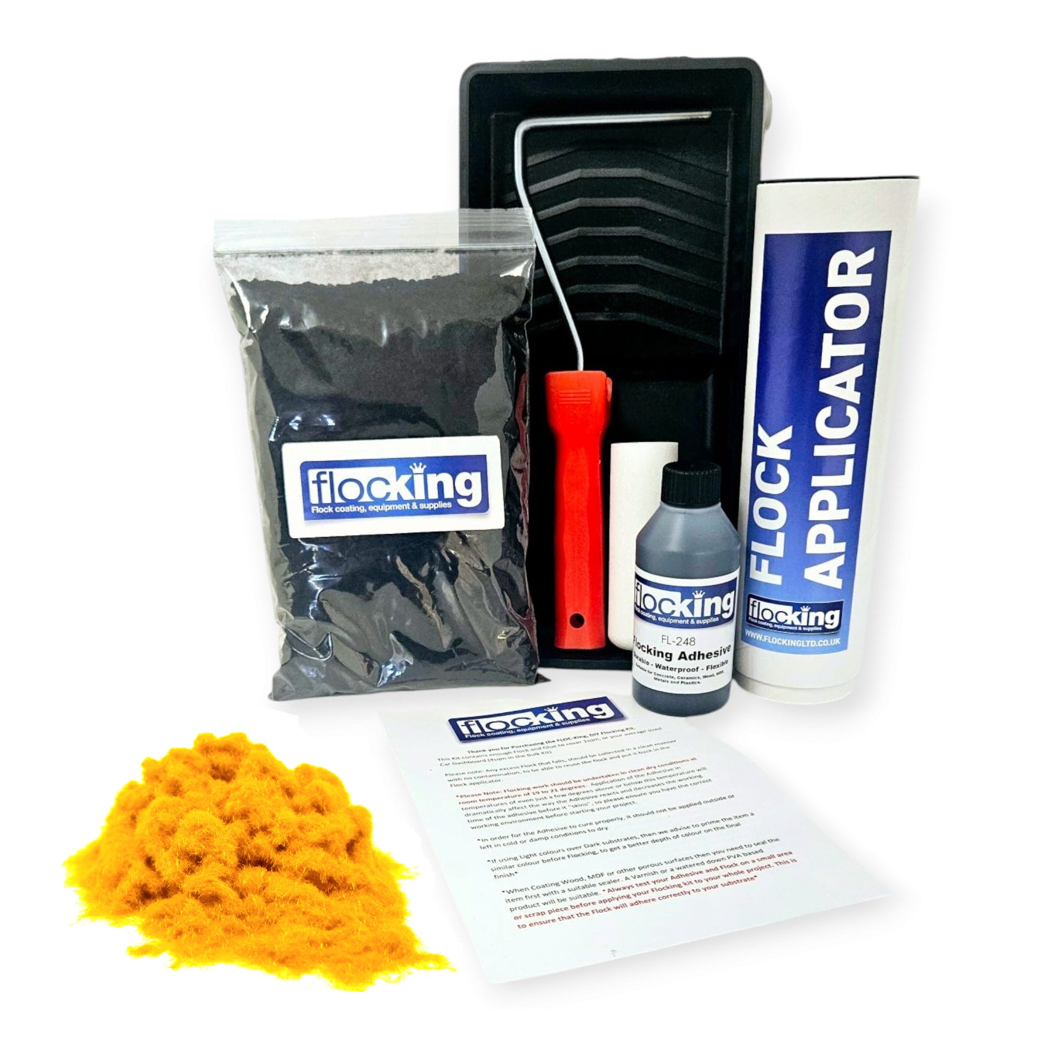 Flocking Kit with 1mm flock Fibres in Deep Yellow, a manual pump Flock fibre applicator, Flocking Adhesive Glue pre pigmented to Deep Yellow to match flock powder, a 9 inch roller tray with foam roller and a full step by step instruction guide.