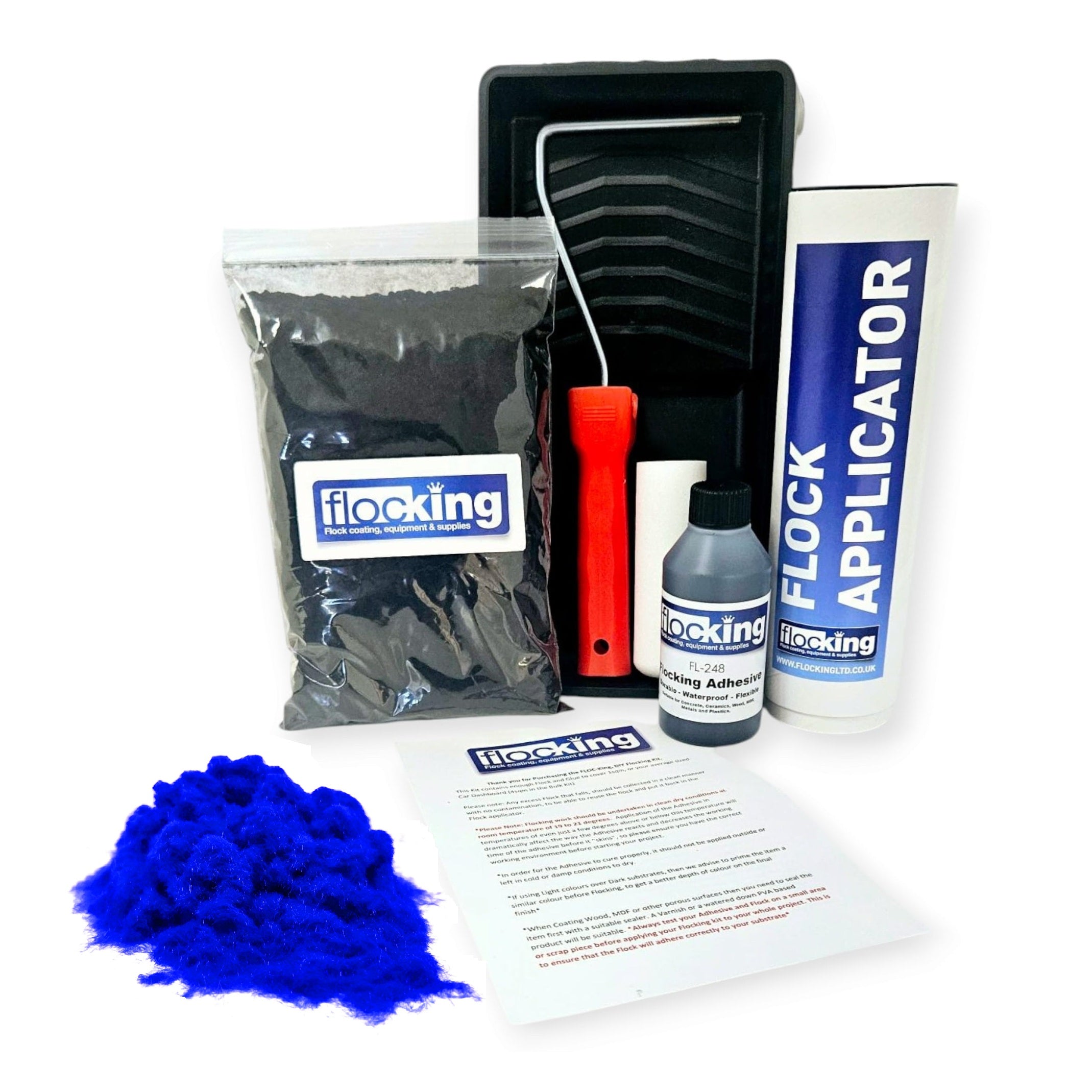 Flocking Kit with 1mm flock Fibres in Electric Blue, a manual pump Flock fibre applicator, Flocking Adhesive Glue pre pigmented to Electric Blue to match flock powder, a 9 inch roller tray with foam roller and a full step by step instruction guide.