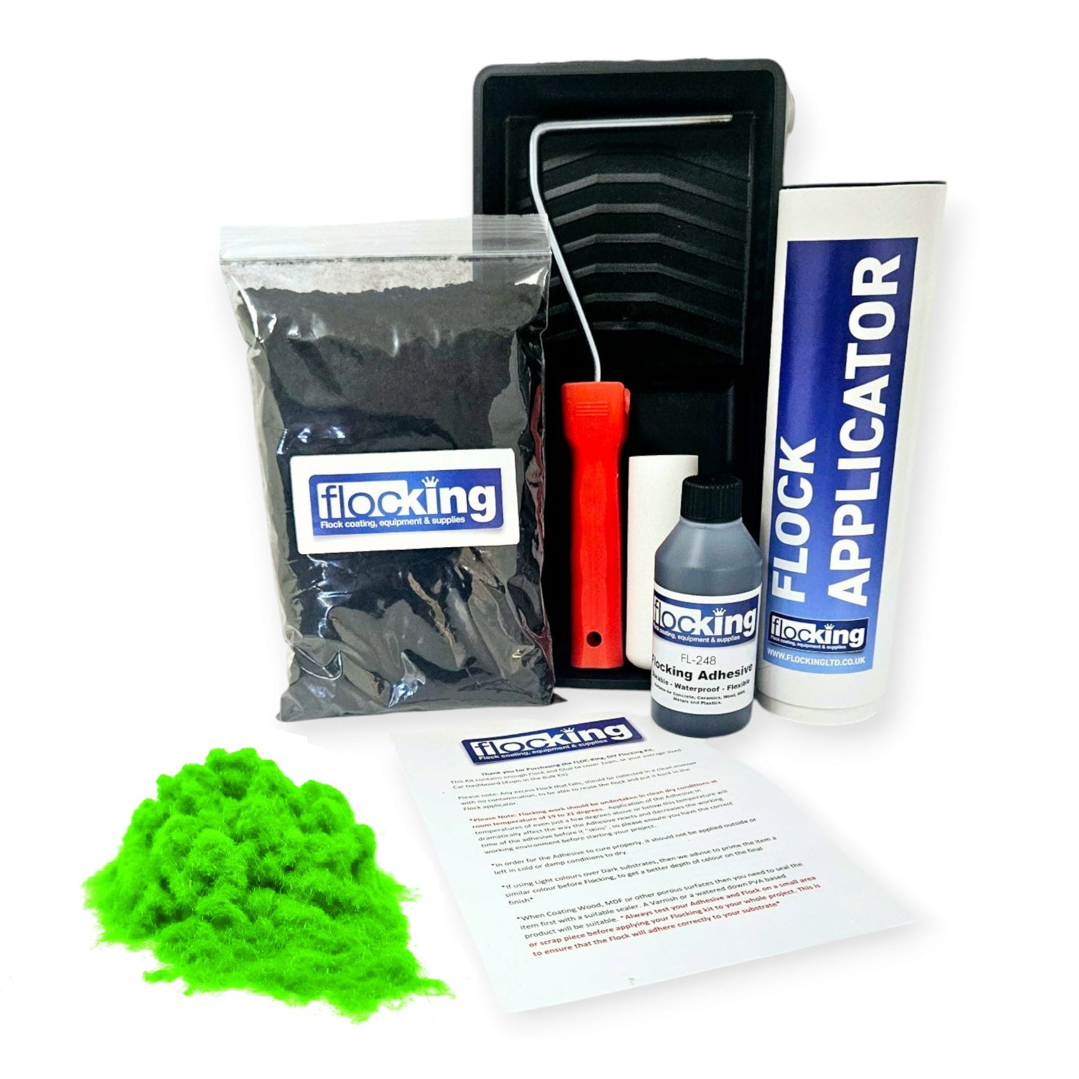 Flocking Kit with 1mm flock Fibres in Fluorescent Green, a manual pump Flock fibre applicator, Flocking Adhesive Glue pre pigmented to Fluorescent Green to match flock powder, a 9 inch roller tray with foam roller and a full step by step instruction guide.