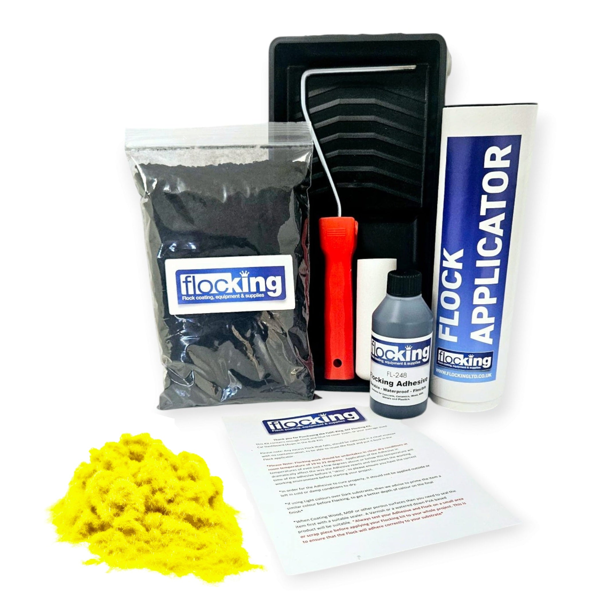 Flocking Kit with 1mm flock Fibres in Fluorescent Yellow, a manual pump Flock fibre applicator, Flocking Adhesive Glue pre pigmented to Fluorescent Yellow to match flock powder, a 9 inch roller tray with foam roller and a full step by step instruction guide.