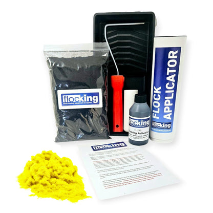 Flocking Kit with 1mm flock Fibres in Fluorescent Yellow, a manual pump Flock fibre applicator, Flocking Adhesive Glue pre pigmented to Fluorescent Yellow to match flock powder, a 9 inch roller tray with foam roller and a full step by step instruction guide.
