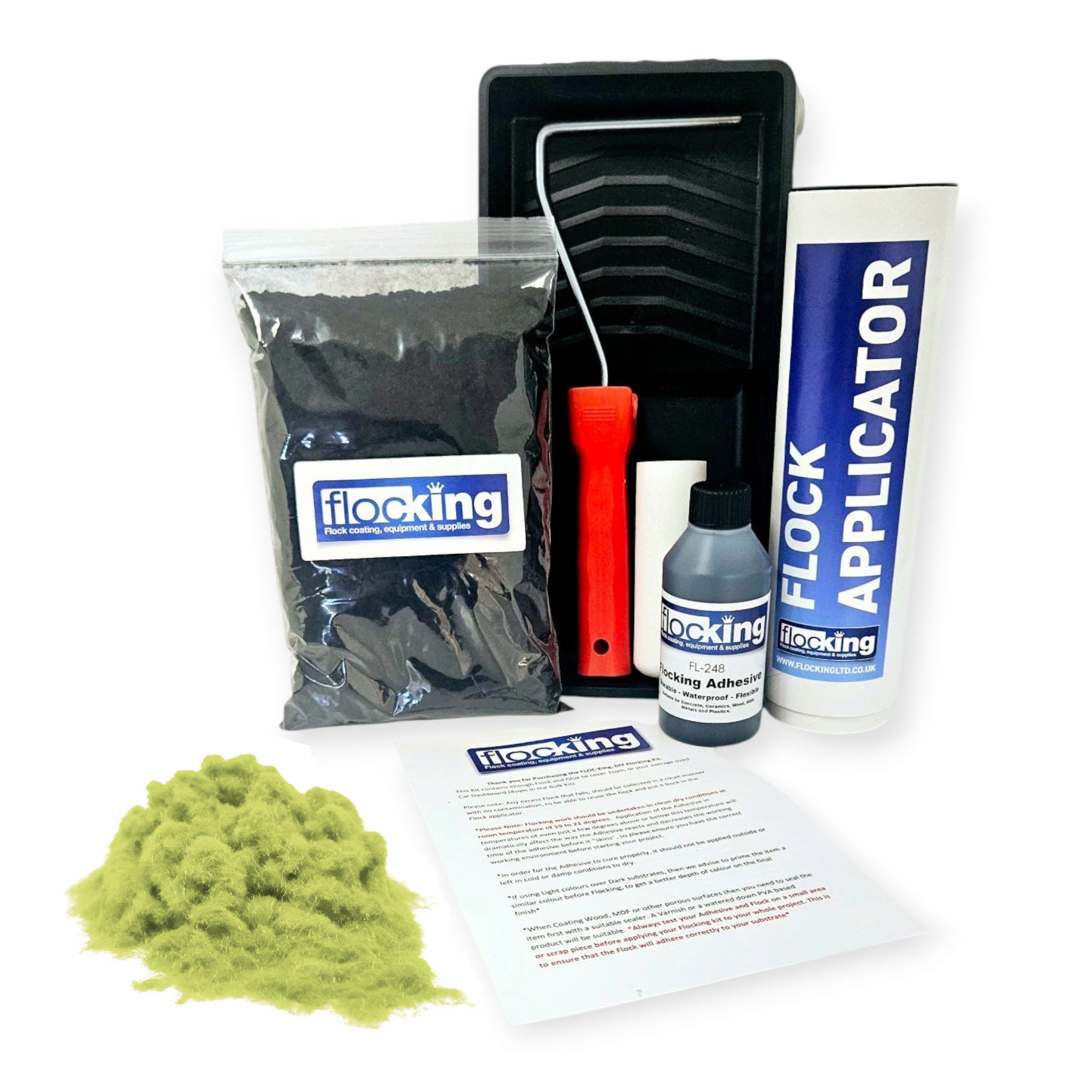 Flocking Kit with 1mm flock Fibres in Gooseberry Green, a manual pump Flock fibre applicator, Flocking Adhesive Glue pre pigmented to Gooseberry Green to match flock powder, a 9 inch roller tray with foam roller and a full step by step instruction guide.
